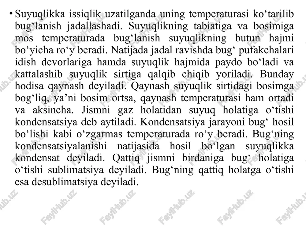 turasi 0s va bosimi p1 bo‘lgan 1 kg suv turgan bo‘lsin (pv – diagrammada 1-nuqta). suvga issiqlik uzatish natijasida u isiydi va kengayadi. jarayon bosimi p1 ga mos bo‘lgan qaynash temperaturasi t=t1 da suv qaynaydi va bug‘ hosil bo‘lish boshlanadi (2-nuqta). suv va bug‘ning holatlarining o‘zgarishini pv- va ts – diagrammalarda belgilab boramiz. o‘ta qizigan bug‘ni p=const da hosil bo‘lish jarayoni ketma-ket keladigan uchta fizik jarayondan iborat: suyuqlikni to‘yinish temperaturasigacha (tt) isitish; tt = const da bug‘ hosil bo‘lishi; bug‘ni o‘ta qizdirish va buning natijasida uning temperaturasini ko‘tarilishi. 2-nuqtada porshen ostida 1–fazali tizim, ya’ni suv bo‘ladi. tashqaridan beriladigan issiqlik miqdori ortib borgan sayin temperatura o‘zgarmaydi, bug‘ning miqdori ortib, suvniki kamayadi (3-nuqtagacha). 2-3 jarayonda quruq bug‘ va suyuqlikdan iborat nam to‘yingan bug‘ hosil bo‘ladi. shu jarayonda porshen ostida ikki fazali tizim (suv + bug‘) bo‘ladi. hajmdagi hamma suv miqdori 3-nuqtada to‘la gaz holatiga o‘tadi, ya’ni to‘yingan quruq bug‘ hosil bo‘ladi. jadal …