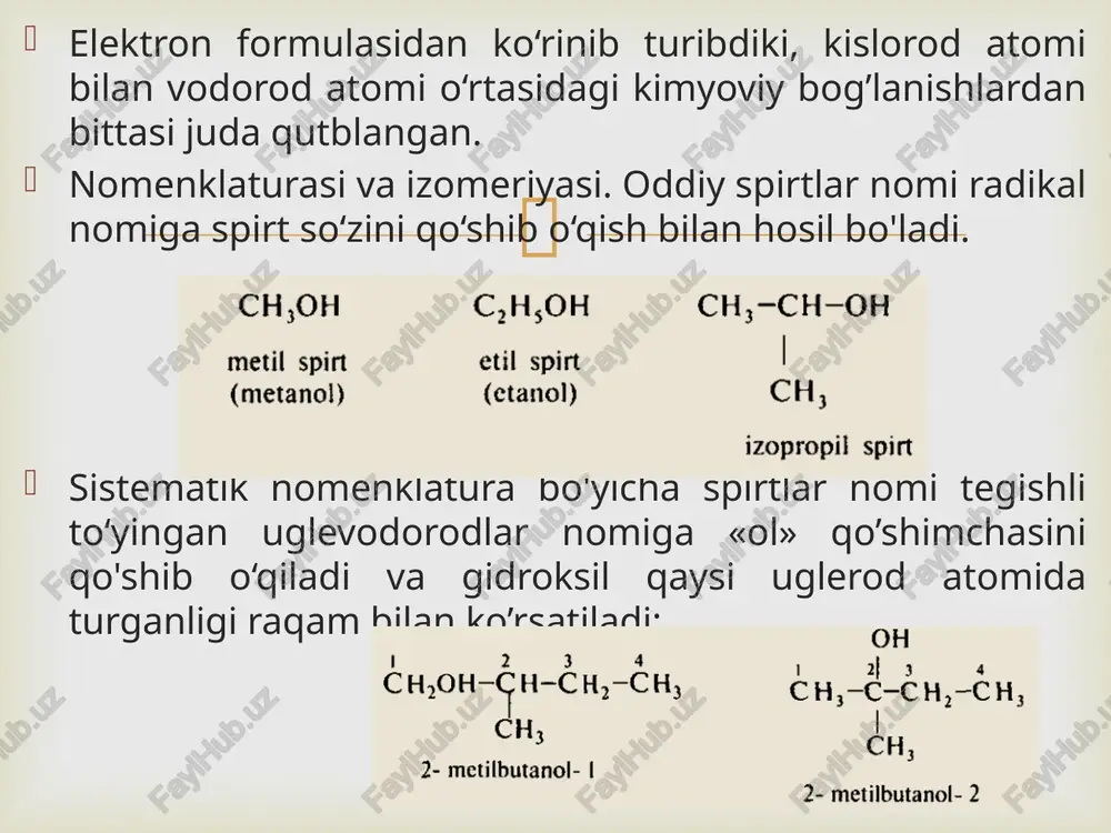 uvchi sifatida lok-bo‘yoq moddalar tayyorlashda, formaldegid olishda va har xil moddalar sintez qilishda xomashyo sifatida ishlatiladi. etil spirt xalq xo‘jaligining ko‘p tarmoqlarida ishlatiladi. kimyo sanoatida sintetik kauchuk va bo‘yoq moddalar olishda, farmatsevtika sanoatida, dietil efir (narkoz uchun), etil xlorid (ayrim joyni og’riq sezmaydigan qilish uchun) larni olishda va parfumeriya sanoatida etil spirt ko‘p miqdorda ishlatiladi. ilmiy-tekshirish instituti laboratoriyalarida analiz qilish va sintez ishlari uchun suvsizlantirilgan (absolut) spirt ishlatiladi.  absolut spirt tayyorlash uchun spirt suvsizlantirilgan ohak bilan 6—8 soat davomida qaynatiladi, so‘ngra haydaladi. oziq-ovqat sanoatida ichimliklar asosini etil spirt tashkil etadi. etil spirt narkotik bo‘lib, organizmga kuchli ta’sir etadi. u ko‘p iste’mol qilinganda asab tizimi, ovqat hazm qilish a’zolarini va yurak qon-tomirlarining ish faoliyati ishdan chiqib og‘ir kasalliklarga olib keladi.  image4.png image5.png image6.png image7.png image8.png image9.png image10.png image11.png image12.png image13.png image14.png image15.png image16.png image17.png image18.png image19.png /docprops/thumbnail.jpeg