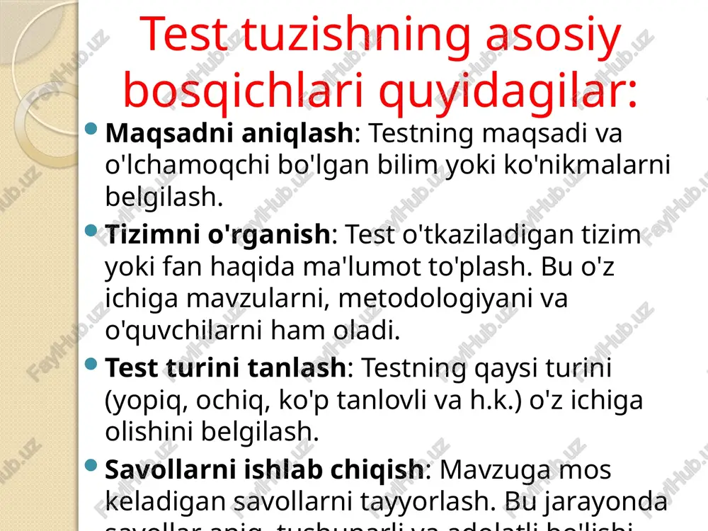 talablari standartlashtirish: psixodiagnostik metodlar bir xil sharoitlarda va bir xil protokollarga muvofiq o'tkazilishi kerak. bu natijalarni taqqoslash imkonini beradi. normativ bazasi: olingan natijalar muayyan norma yoki standartga asoslanishi kerak. bu, testlarning qaysi guruhga nisbatan baholanayotganini belgilaydi. o'lchov aniq va ishonchli bo'lishi: o'lchovlar ishonchli va takrorlanadigan bo'lishi zarur. buning uchun statistika usullari qo'llaniladi. o'lchovlarni diversifikatsiyalash: har xil psixologik parametrlarni o'lchash uchun bir nechta metodlar va asboblar qo'llanilishi muhim. “verifikasiya” lug’aviy so’zining ma’nosi ham aynan “tekshirish“ mazmunga egadir. verifikasiya talablari validity (amalga oshirish): testning aslida o'lchamoqchi bo'lgan xususiyatni o'lchashi zarur. bu, testning maqsadga muvofiqligini ko'rsatadi. reliability (isbotlanganlik): test natijalari bir xil sharoitlarda bir necha marta o'tkazilganda o'zgarishsiz qolishi kerak. kriteriyalarga muvofiqlik: test natijalari tashqi kriteriyalarga mos kelishi zarur, masalan, boshqa testlar yoki real hayotdagi natijalar. qo'llanilishi darajasi ta'lim: psixodiagnostika metodlari o'quvchilarni baholash va ularga individual yordam ko'rsatish uchun keng qo'llaniladi. ish joylarida: xodimlarning psixologik holatini baholash va ularni rivojlantirish maqsadida foydalaniladi. sog'liqni …