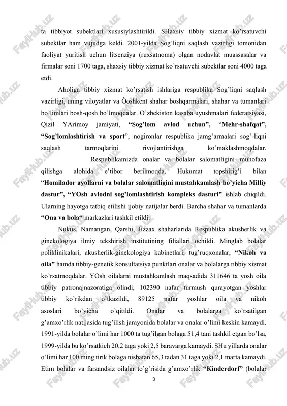 lar, 28 ta xo’jalik hisobidagi tibbiy ko’rik poliklinikalar, jami 342 ta tibbiyot muassasalari, 1999—2001-yilda 154 ta tibbiyot subektlari xususiylashtirildi. shaxsiy tibbiy xizmat ko’rsatuvchi subektlar ham vujudga keldi. 2001-yilda sog’liqni saqlash vazirligi tomonidan faoliyat yuritish uchun litsenziya (ruxsatnoma) olgan nodavlat muassasalar va firmalar soni 1700 taga, shaxsiy tibbiy xizmat ko’rsatuvchi subektlar soni 4000 taga etdi. aholiga tibbiy xizmat ko’rsatish ishlariga respublika sog’liqni saqlash vazirligi, uning viloyatlar va òoshkent shahar boshqarmalari, shahar va tumanlari bo’limlari bosh-qosh bo’lmoqdalar. o’zbekiston kasaba uyushmalari federatsiyasi, qizil yarimoy jamiyati, “sog’lom avlod uchun”, “mehr-shafqat”, “sog’lomlashtirish va sport”, nogironlar respublika jamg’armalari sog’-liqni saqlash tarmoqlarini rivojlantirishga ko’maklashmoqdalar. respublikamizda onalar va bolalar salomatligini muhofaza qilishga alohida e’tibor berilmoqda. hukumat topshirig’i bilan “homilador ayollarni va bolalar salomatligini mustahkamlash bo’yicha milliy dastur”, “yosh avlodni sog’lomlashtirish kompleks dasturi” ishlab chiqildi. ularning hayotga tatbiq etilishi ijobiy natijalar berdi. barcha shahar va tumanlarda “ona va bola“ markazlari tashkil etildi. nukus, namangan, qarshi, jizzax shaharlarida respublika akusherlik …