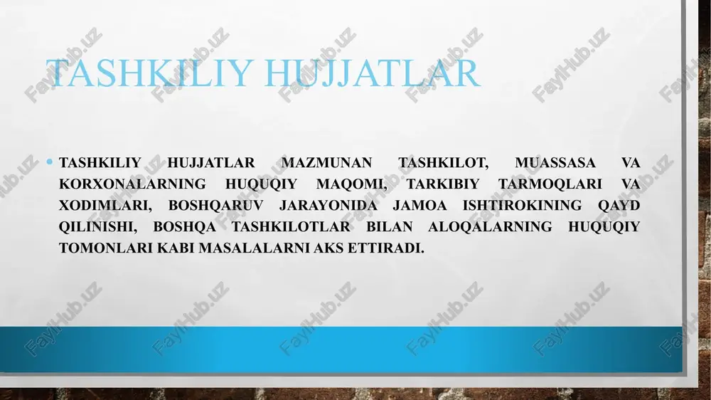. u yuqori tashkilotlar farmoyishi bilan tasdiqlanadi. muassasalarning tarkibiy qismlari ularning rahbarlari tomonidan tuziladi va muassasa rahbari farmoyishi bilan yoki tasdiqlash ustxatini qo‘yish bilan kuchga kiradi. nizomning asosiy zaruriy qismlari: 1. vazifalari nizom bilan belgilanayotgan muassasa (tarkibiy qism) nomi. 2. hujjat turining nomi (nizom). 3. mazmuni (matni): muassasa tuzilishining maqsad va asoslari; asosiy vazifalari; muassasa tuzilishi, huquqi, ishni tashkil qilish tartiboti. 4. muassasa rahbari imzosi. 5. sana va joyi. 6. tasdiqlash ustxati (yuqori qismida o‘ng burchakda joylashadi) ikki yoki undan ortiq tomonning fuqarolik huquqlari va majburiyatlarini belgilash, o‘zgartirish yoki to‘xtatish yo‘lidagi kelishuvi shartnoma shartnoma tomonlarning biron-bir munosabatlar o‘rnatish haqidagi kelishuvi (bitim)ni qayd etuvchi va munosabatlarni tartibga soluvchi hujjatdir. shartnoma davlat yoki nodavlat, jamoat tashkilotlari, korxonalar, muassasalar, shuningdek fuqarolar o‘rtasida tuzilishi mumkin. shartnoma munosabatlari muassasa bilan ayrim shaxs yoki shaxslar o‘rtasida o‘rnatilayotgan bo‘lsa, bunda tuzilajak hujjat aksar hollarda mehnat bitimi deb ataladi. shartnomada tomonlar bajarishi lozim bo‘lgan shartlar va boshqa majburiyatlar …