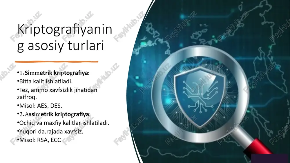 on tijorat va boshqa xavfsiz aloqa kanallarini ta'minlashda muhim rol o'ynaydi. kriptografik protokollar 1 ssl/tls veb-saytlarni himoya qilish. ssl/tls protokoli veb-saytlar va foydalanuvchilar o'rtasida xavfsiz aloqani ta'minlaydi. 2 vpn ma'lumotlarni shifrlash. vpn texnologiyasi ma'lumotlarni shifrlash orqali xavfsiz aloqani ta'minlaydi. 3 elektron pochta xavfsizligini ta'minlash usullari. elektron pochta xavfsizligini ta'minlash uchun turli xil shifrlash usullari qo'llaniladi. kriptografik protokollar internetda xavfsiz aloqani ta'minlash uchun zarur vositadir. kriptoanalizga qarshi choralar kalit uzunligi kalit uzunligini oshirishning ahamiyati. uzun kalitlar kriptoanalizga chidamliligini oshiradi. murakkab parollar murakkab parollardan foydalanish. murakkab parollar parolni taxmin qilishni qiyinlashtiradi. dasturiy ta'minot muntazam yangilab turish. dasturiy ta'minotni yangilab turish xavfsizlik zaifliklarini bartaraf etadi. kriptoanalizga qarshi choralar axborotni himoyalashda muhim rol o'ynaydi. kriptografiyaning kelajagi 1 kvant kompyuterlar kvant kompyuterlar kriptografiyaga ta'siri. kvant kompyuterlar mavjud kriptografik algoritmlarni buzishi mumkin. 2 kvantga chidamli algoritmlar kvantga chidamli algoritmlarni ishlab chiqish. olimlar kvant kompyuterlarga chidamli yangi algoritmlarni ishlab chiqmoqda. 3 yangi usullar yangi kriptografik usullarning rivojlanishi. …