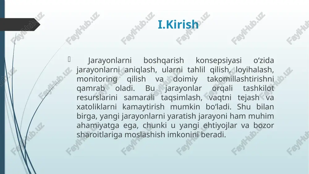 , tashkilotlarda ko‘plab faoliyatlar an’anaviy ravishda individual bo‘limlar yoki shaxslar tomonidan alohida-alohida bajariladi. bunday yondashuvda jarayonlar orasidagi uzviylik va o‘zaro bog‘liqlik yetarlicha e’tiborga olinmasligi mumkin. natijada, ish samaradorligi pasayadi, vaqt va resurslar isrof bo‘ladi, hamda mahsulot yoki xizmat sifatida kamchiliklar yuzaga keladi. jarayonlarni boshqarish esa butun faoliyatni yagona tizim sifatida ko‘rib chiqishga, jarayonlar oqimini tahlil qilishga va ularni yaxshilashga yo‘naltirilgan. ryad 1 kategoriya 1 kategoriya 2 kategoriya 3 kategoriya 4 4.3 2.5 3.5 4.5 ryad 2 kategoriya 1 kategoriya 2 kategoriya 3 kategoriya 4 2.4 4.4000000000000004 1.8 2.8 ryad 3 kategoriya 1 kategoriya 2 kategoriya 3 kategoriya 4 2 2 3 5 jarayonlarni boshqarish tizimining eng asosiy jihatlaridan biri bu uning muhimligi va ahamiyatidir. har qanday tashkilotda jarayonlarni to‘g‘ri tashkil qilish va boshqarish orqali nafaqat ichki ishlar samaradorligini oshirish, balki mijozlar ehtiyojlarini yaxshiroq qondirish, mahsulot yoki xizmat sifatini yuqori darajaga olib chiqish mumkin. shu bois, jarayonlarga e’tibor qaratish — bu …