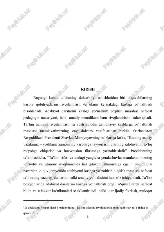 va kasb-hunar taʼlimining sifatini oshirishga, balki o‘quvchilarning shaxsiy va kasbiy rivojlanishiga ham bevosita taʼsir qiladi. shu sababli, bu mavzu pedagogika fanida, metodika tadqiqotlarida va amaliy taʼlim jarayonlarida katta ahamiyatga ega bo‘lib, zamonaviy taʼlim tizimini takomillashtirish uchun asosiy yo‘nalishlardan biri hisoblanadi. kurs ishining ahamiyati adabiyot darslarini kasbga yo‘naltirib o‘qitishning ahamiyati ko‘p qirrali bo‘lib, u nafaqat taʼlim jarayonining sifatini oshirishga, balki o‘quvchilarning shaxsiy va kasbiy rivojlanishiga ham katta taʼsir ko‘rsatadi. birinchidan, bu yondashuv o‘quvchilarda kasbga qiziqish va motivatsiyani oshiradi, ularni kelajakdagi kasb tanlashda ongli qaror qabul qilishga tayyorlaydi. ikkinchidan, kasbga yo‘naltirilgan adabiyot darslari o‘quvchilarda tahliliy fikrlash, ijodiy yondashuv, muloqot va jamoada ishlash kabi muhim ko‘nikmalarni rivojlantirish imkonini beradi. ushbu yondashuv pedagogik jihatdan taʼlim bosqichlarida individual yondashuvni kuchaytiradi, darslarni amaliy va hayotiy vaziyatlar bilan bog‘lash orqali o‘quvchilarni nafaqat nazariy bilim, balki kasbiy ko‘nikmalar bilan ham taʼminlaydi. amaliy ahamiyati shundaki, kurs ishida ishlab chiqilgan tavsiyalar va metodik qo‘llanmalar o‘qituvchilarga adabiyot darslarini kasbga yo‘naltirilgan shaklda …