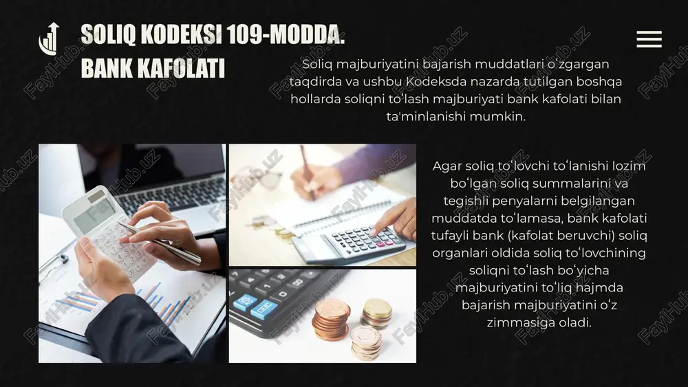 oʻlishi kerak. ushbu moddada nazarda tutilgan qoidalar penyalar va jarimalarni toʻlash boʻyicha majburiyatning bajarilishini taʼminlovchi bank kafolatlariga nisbatan ham qoʻllaniladi. image1.jpeg image2.jpeg image3.png image4.svg image4.png image6.svg image5.png image8.svg image6.jpeg image7.jpeg image8.jpeg image9.png image10.jpeg image11.jpeg image12.jpeg image13.jpeg image14.jpeg image15.jpeg /docprops/thumbnail.jpeg