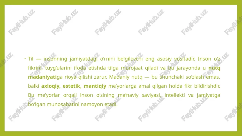 , kuzatishi, mashq qilishi kerak. yuqorida sanab o‘tilgan usullar madaniy nutqni shakllantirish yo‘lida eng asosiy vositalar bo‘lib, ularga doimiy amal qilish har kimning til madaniyatini yuksaltiradi. e’tiborigiz uchun raxmat image1.jpeg image2.png /docprops/thumbnail.jpeg