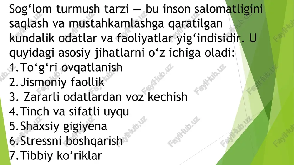 sad qo‘yingqo‘llab-quvvatlovchi do‘stlar va oila a’zolari bilan gaplashingzarur bo‘lsa, psixolog yoki shifokor yordamiga murojaat qilingzararli odatni foydali mashg‘ulot (sport, kitob o‘qish, yurish) bilan almashtiringo‘zingizga mukofot berib boring (masalan, bir haftalik chekishsiz kun uchun kichik sovg‘a) tinch va sifatli uyqu — bu inson salomatligi, aqliy faolligi va ruhiy holatini saqlash uchun juda muhim bo‘lgan holatdir. sifatli uyqu organizmning to‘liq dam olishi, hujayralarning tiklanishi va ertangi kun uchun kuch to‘plashini ta’minlaydi. uyquning ahamiyati:miyaning dam olishi va ma’lumotlarni qayta ishlashiimmunitetni mustahkamlashstress, asabiylik va tushkunlikni kamaytirishyurak-qon tomir va endokrin tizimlarni muvozanatda ushlashdiqqat va xotirani yaxshilash shaxsiy gigiyena — bu insonning o‘z salomatligini saqlash va kasalliklardan himoyalanish uchun bajaradigan tozalik va parvarish ishlaridir. bu odatlar sog‘lom turmush tarzining muhim qismidir.shaxsiy gigiyenaning asosiy qoidalari:1. qo‘l gigiyenasiqo‘llarni ovqatdan oldin, hojatxonadan chiqqach, ko‘chadan qaytgach va kasallarga qaragandan keyin sovun bilan yuvish.2. og‘iz gigiyenasitishlarni kuniga kamida 2 marta (ertalab va kechqurun) yuvishtish ipi va og‘iz chayuvchi vositalardan foydalanishtish shifokoriga …