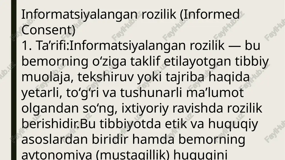 qilayotgan bo‘lsa ham (agar bemor aqliy layoqatli bo‘lsa).--- shifokorning vazifasi:agar bemor rozilik bermasa, shifokor quyidagilarni bajarishi lozim:muolajadan bosh tortishning xavf va oqibatlarini batafsil tushuntiradi.boshqa muqobil muolajalarni taklif qiladi (agar mavjud bo‘lsa).bemorning rad etishini hujjatlashtiradi (yoki bosh tortish varaqasini imzolattiradi).bosh tortish qarorini bemor tushunib, ongli ravishda berganiga ishonch hosil qiladi. istisnolar (bosh tortishni cheklash mumkin bo‘lgan holatlar):favqulodda holatlar: bemor hushsiz va hayotiga tahdid soluvchi holatda bo‘lsa, shifokorlar roziliksiz ham muolaja qilish huquqiga ega.jamoat xavfsizligi: infeksion kasalliklar (masalan, sil, covid-19) kabi holatlarda ayrim tibbiy chora-tadbirlar majburiy bo‘lishi mumkin.aqliy layoqatsiz bemor: qarorni uning qonuniy vakili yoki vasiy beradi.--- bosh tortish hujjati (forma):ko‘plab tibbiyot muassasalarida bemor muolajadan bosh tortayotgan bo‘lsa, "tibbiy muolajadan bosh tortish varaqasi" imzolatiladi, unda:muolaja turi,bemor ogohlantirilgani,oqibatlar tushuntirilgani,bemor rad etgani qayd etiladi. favqulodda holatlarda rozilik masalasi 1.favqulodda holat nima?bu — bemor:hushsiz,og‘ir ahvolda,hayoti xavf ostida,tezkor muolaja talab etiladigan holatlarda bo‘ladi.masalan:yurak to‘xtashiog‘ir qon ketishnafas yetishmovchiligiog‘ir avtohalokat yoki shikastlanish- 2.--2. bunday holatda rozilik qanday hal …