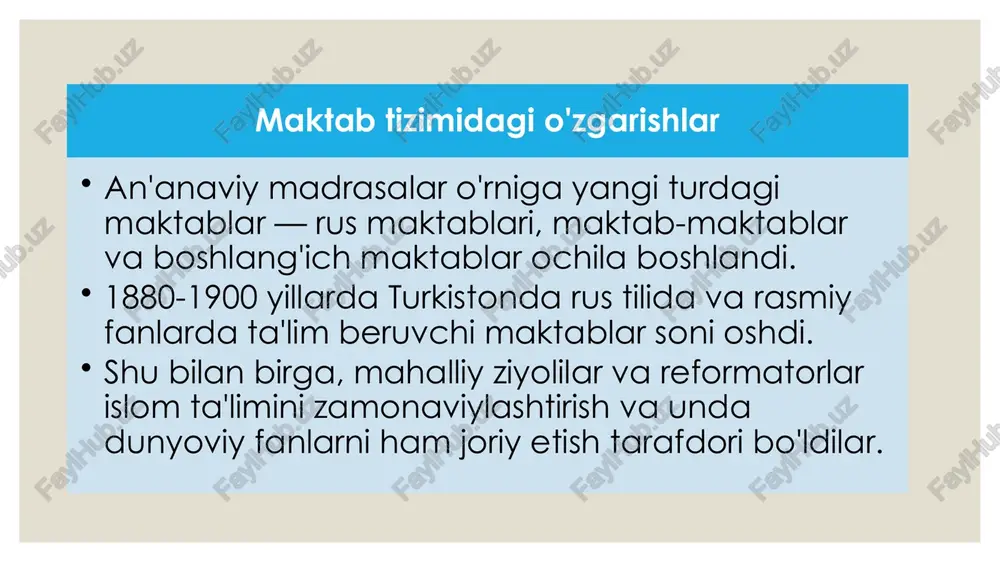 lilar va pedagoglar xix asr oxiri va xx asr boshlarida turkistonda ta’lim sohasida faoliyat yuritgan bir qancha mashhur pedagog va ziyolilar mavjud edi: islomxo‘ja yo‘ldoshev — pedagogik islohotchi, jadidchilik harakatining yetakchilaridan biri. mahmudxo‘ja behbudi — yozuvchi, jurnalist va pedagog, jadid maktablarining rivojlanishida muhim rol o‘ynadi. ahmad donish — o‘qituvchi va olim, milliy ta’lim tizimini isloh qilishni targ‘ib qildi. fitrat (abdulhamid cho‘lpon) — yozuvchi va faylasuf, yangi pedagogik va madaniy qarashlarni ilgari surdi. ular o‘z asarlarida ta’limning zamonaviylashtirilishi, maktablarda nafaqat diniy, balki dunyoviy fanlar ham o‘qitilishi zarurligini ta’kidladilar. e’tiboringiz uchun rahmat image3.png /docprops/thumbnail.jpeg