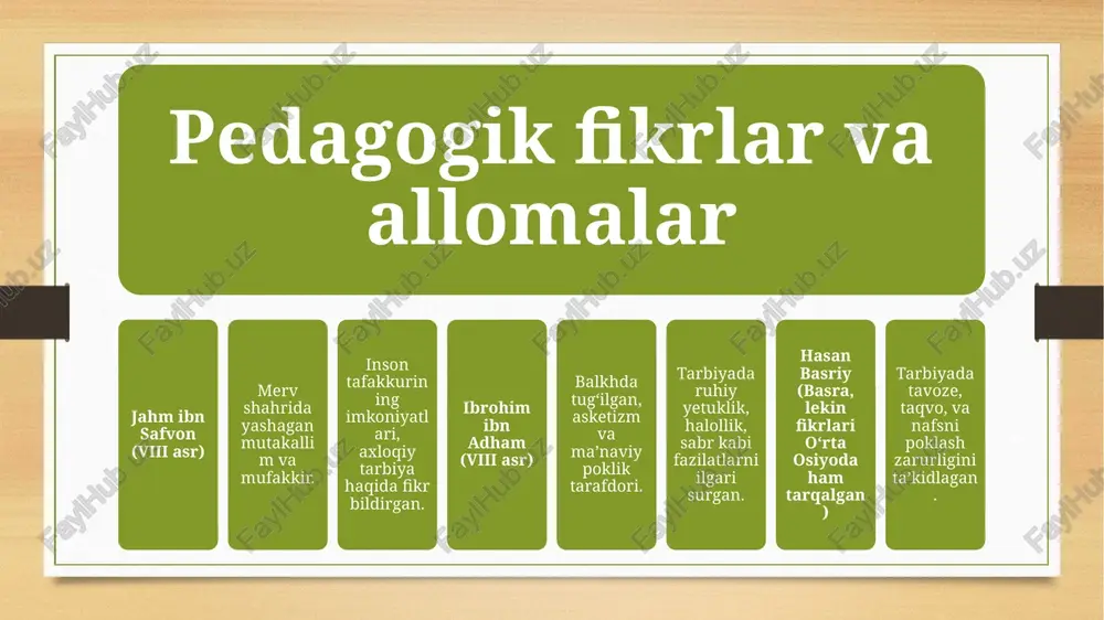 si asosida olib borilgan.👨‍🏫 2. yirik allomalar va ularning pedagogik qarashlarial-xorazmiy (ix asr):algebra asoschisi.fanlarni o‘rganishda aniq tartib va mantiqiy fikrlash zarurligini ta’kidlagan.ahmad farg‘oniy:astronomiya fani rivojiga katta hissa qo‘shgan.o‘rgatuvchi metod sifatida tajriba va kuzatuvni ilgari surgan. e’tiboringiz uchun rahmat image7.png image3.png image4.png /docprops/thumbnail.jpeg