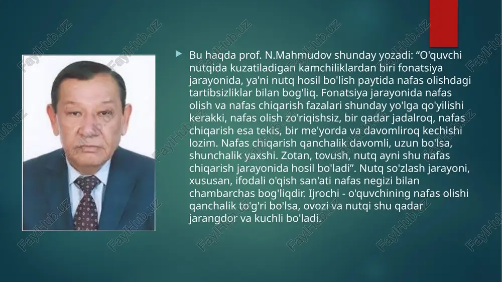 shaga kelganlar, ancha qi zu o'g'lonlar, hasanxonday lochinni, qizlar to'nab sochini, gul ochilgan bahorda keldi bizning diyorga”(“hasanxon” dostonidan) bu parchani o'qishda “v” belgisi qo'yilgan o'rinda nafas olinib, keyin talaffuz qilish tempi tezlashtirilib, matn bir yoki ikki nafasda o'qiladi. mashq paytida, erkin o'qishdan tashqari, talaffuzning aniqligiga va matnning mantiqiy izchilligiga e'tibor beriladi. 5. she'r o'qish mashqi. bu mashqda g'oyaviy-badiiy jihatdan yuksak bo'lgan uzun misrali she'rning oldin bir misrasi bir nafasda, keyin ikki misrasi bir nafasda va hokazo tarzda o'qiladi. ifodali o'qish san'atida ovozning ahamiyati beqiyosdir. ovoz ham, nutq ham insonga yaratguvchi zot tomonidan berilgan ilohiy ne'mat hisoblanadi. shunday ekan, ovozning yoqimli yoki yoqimsizligi bizning ixtiyorimizda bo'lmagan hodisadir. lekin ovozni o'rniga qo'yish, shakllantirish va uning sohibi bo'lish - inson ixtiyoridadir. ovozni shakllantirish deganda maxsus mashqlar orqali muntazam shug'ullanib, ovozni chiniqtirib borish tushuniladi. ovoz inson oliy asab tizimining mahsuli bo'lib, uning manbai tomoqda joylashgan tovush paychalaridir. bu paychalar juda harakatchan, sezgir shilliq pardalardan …