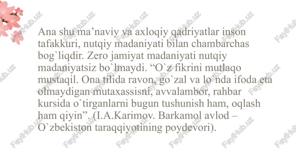 ma vaqt amalgam oshiriladi. kuchsiz me’yorlar og`zaki nutqida ham e’tibor berilishi oqibatida yuzaga keladi. o`zbek tilining qorluq lahjasidagi maxsus shahar shevalarda qaratqich va tushum kelishiklari bir xil ko`rsatkichga ega, ya’ni 2 kelishik uchun ham –ni xizmat qiladi. qaratqich-qaralmish aloqasida xoslik ma’nosi ifodalanishida ba’zi bir o`zgacha sharoitlarda qaratqich ko`rsatkichi ishlatilmaydi. masalan: o`zbek tili, shahar kengashi, bahor fasli. turli sabablarga ko`ra kelishik joylarini almashtirib ishlatish, ya’ni hamma hollarda ham hozirgi zamon o`zbek tili normalarini buzish hisoblanadi. barkamol avlod orzusi. t., “sharq”, 1999. i.a.karimov. milliy istiqlol mafkurasi – xalq e’tiqodi va buyuk kelajakka ishonchdir. t., “o`zbekiston”, 2000. r.qo`ng`urov va b. nutq madaniyati va uslubiyot asoslari. t., “o`qituvchi”, 1992. a.g`ulomov, b.qobilova. nutq o`stirish mashg`ulotlari. t., “o`qituvchi”, 1995. g`.abduraxmonov, s.mamajonov. o`zbek tili va adabiyoti. t., “o`qituvchi”, 1995. www.ziyonet.uz adabiyotlar: image3.png image4.jpeg image5.jpeg