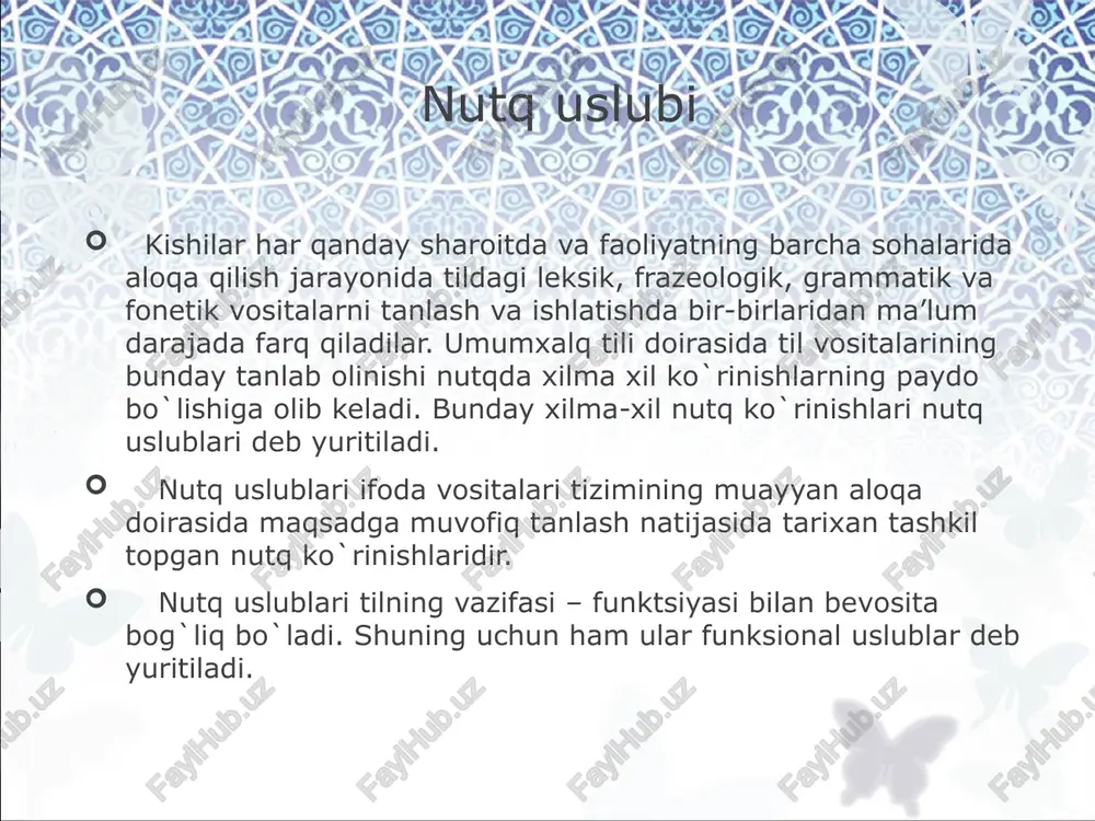 lish, chora ko`rish, aybni ochish, ko`riladi, beriladi, bo`shatilsin; bu uslubda uyushiq bo`lakli gaplar keng qo`llanilib, ayrim o`rinlarda bo`laklar soni 8-10 taga yetishi mumkin; qo`shma gaplardan, xususan, shart ergash gapli qo`shma gaplardan keng foydalaniladi; so`roq va undov gaplar deyarli qo`llanilmaydi, asosan, darak va buyruq gaplar ishlatiladi. rasmiy ish yuritish uslublari ilmiy uslub ilmiy uslub fan, texnika va ishlab chiqarish bilan bog`liq vazifaviy uslubdir. u o`z ichida yana ilmiy texnikaviy, ilmiy-hujjat, ilmiy-ommabop, o`quv-ilmiy kabi bir necha sof ilmiy turlarga bo`linadi. ilmiy uslubning hozirgi zamon taraqqiyoti bilan bog`liq ravishda quyidagi umumiy xususiyatlari bor: axborotning ob’yektivligi, aniqligi; nutqning ma’lumotlarga boyligi; fikrning lo`nda, qisqa ifodalanishi; muallif individualligining sezilmasligi; emotsionallik, obrazlilikning bo`lmasligi; atama, chizma, ramz va jadvallarning bo`lishi; matnning siqiq sintaktik qurilmalardan tuzilishi; adabiy til me’yorlariga qat’iy amal qilinishi; fikrlarning mantiqiyligi va qat’iy tartibda bo`lishi; ellipsis hodisasining bo`lmasligi (nazarda tutilgan birorta so`zning tushib qolishi); turli xil tushunchalarni ifodalovchi otlarning ko`p ishlatilishi; otlarni, asosan, birlikda ishlatish; matnda …