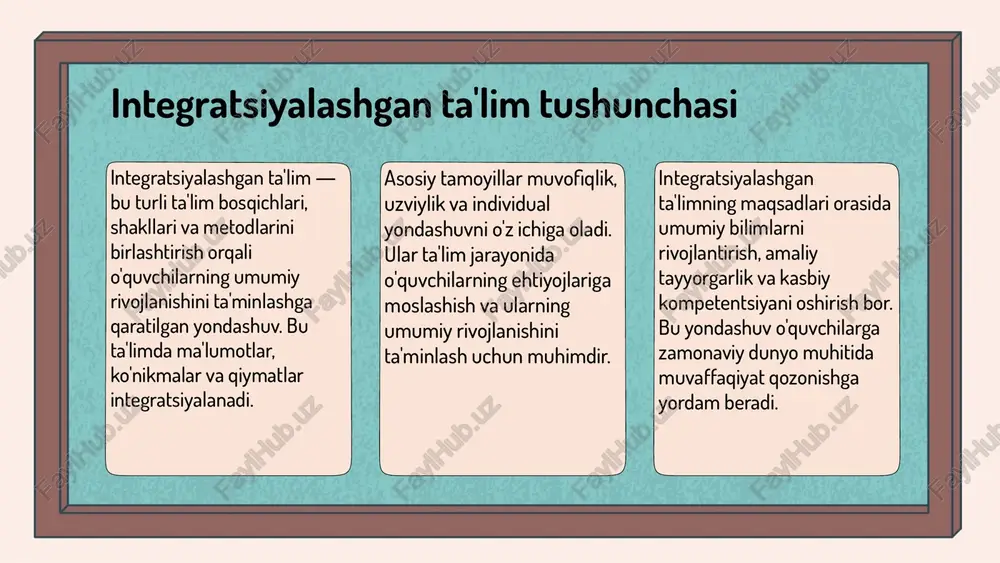 y etishda muhim bo'ldi. ularning fikrlari asosida ta'lim tizimini takomillashtirish uchun amaliy tavsiyalar ishlab chiqildi. tadqiqot natijalari ta'lim jarayonini yanada rivojlantirish uchun qimmatli ma'lumotlar berdi. bu esa ta'lim sifatini oshirishga xizmat qiladigan strategiyalarni ishlab chiqishga yordam berdi. kelajakda qo'shimcha izlanishlar va strategiyalar ta'lim sifatini oshirishga xizmat qiladi. innovatsiyalar bilan to'g'ri hamkorlikda rivojlanish ta'lim uchun kalit. foydalanilgan adabiyotlar 1. o'quvchilarning ta'limda integratsiyalashgan yondashuvlarni o'zlashtirishiga oid metodologik izlanishlar. ta'lim va tarbiya jurnali, 2020. 2. akmalov, sh. integratsiyalashgan ta'lim prinsiplari va amaliyoti. o'zbekiston respublikasi ta'lim vazirligi nashri, 2019. 3. qodirov, a. ta'limda innovatsion metodlar va integratsiyalashgan yondashuvlar. toshkent: ilmiy nashrlar, 2021. 4. islomova, m. respondentlarning fikrlarini tahlil qilish usullari va ta'lim amaliyotiga tatbiqi. akademik mualliflik, 2018. 5. yuldashev, t. ta'lim sifatini oshirishda integratsiyalashgan yondashuvlarning roli. o'zbekiston pedagogika jurnali, 2022. e'tiboringiz uchun rahmat! image1.png image2.png image3.png image4.png image5.png image6.png image7.png image8.png image9.png image10.png image11.png image18.png image19.png image20.png image21.png image22.png image23.png