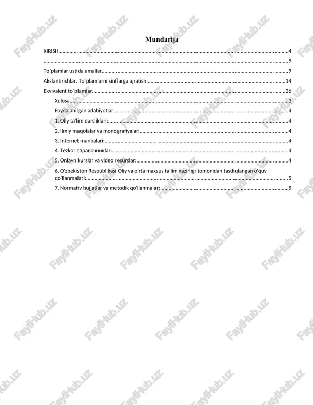 a geometriya kabi fanlarda muhim ahamiyatga ega bo‘lib, ular funksiyalar va munosabatlarning xossalarini tahlil qilishda asosiy vositalardan biri hisoblanadi.ushbu kurs ishi mavzusi nazariy va amaliy jihatdan ahamiyatli bo‘lib, nafaqat matematika sohasida chuqur bilim olishga, balki ushbu bilimlarni amaliyotda qo‘llash imkoniyatlarini kengaytirishga yo‘naltirilgan. shu sababli, mavzuning dolzarbligi bugungi kunda juda yuqori darajada ekanligini ta’kidlash lozim. ishning maqsadi. mazkur kurs ishining asosiy maqsadi — to‘plamlar nazariyasi asoslarini o‘rganish, to‘plamlar ustida amallarni (birlashma, kesishma, ayirma, farq va boshqalar) tahlil qilish, hamda akslantirishlar tushunchasi va uning amaliy matematikada qo‘llanishini o‘rganishdir.kurs ishi davomida quyidagi vazifalar qo‘yiladi: · to‘plamlar nazariyasining asosiy tushunchalari bilan tanishish; · to‘plamlar ustida bajariladigan amallarni grafik va algebraik shaklda ko‘rsatish; · akslantirishlar (ko‘chirish, simmetriya, aylantirish) tushunchasini o‘rganish; · amaliy misollar orqali to‘plamlar va akslantirishlarning qo‘llanish sohalarini ko‘rsatish; · kompyuter texnologiyalaridan (masalan, python, geogebra, ms excel) foydalangan holda to‘plamlar bilan ishlash ko‘nikmalarini rivojlantirish. kurs ishining ob’ekti. mazkur kurs ishining ob’ekti — matematikaning to‘plamlar …