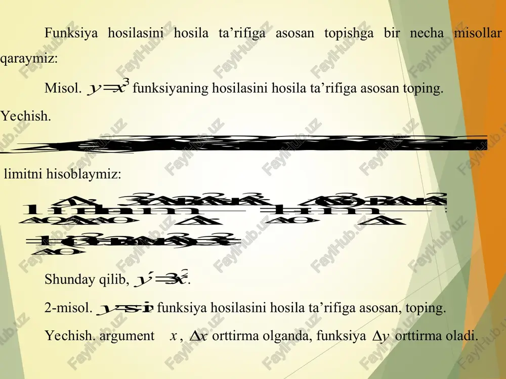               da x y x y y x y im x  b o’ lib, bunda  cheksiz kichik funksiya bo’ladi. demak, x x y y        (1) b o’ ladi. (1) formulaga funksiya orttirmasi uchun formula deyiladi. 1 - ta’rif. funksiya orttirmasining x y   bosh qismiga funksiya differensiali deyiladi va dy bilan belgilanadi. ta’rifga asosan, x y dy    (2) (2) formulada x y  bo’lsa, x x dx    yoki x dx   bo’lib, funksiya differe n siali dx y dy   ko’rinishda bo’ladi. funksiyaning differensialining taqribiy hisoblashga tatbiqi. (1) formuladan dy y   taqribiy tenglik kelib chiqadi , ya’ni x  yetarlicha kichik bo’lganda, funksiya orttirmasi uning differensialiga taqriban teng deyish mumkin. bunda dy y   bo’lib, ya’ni …