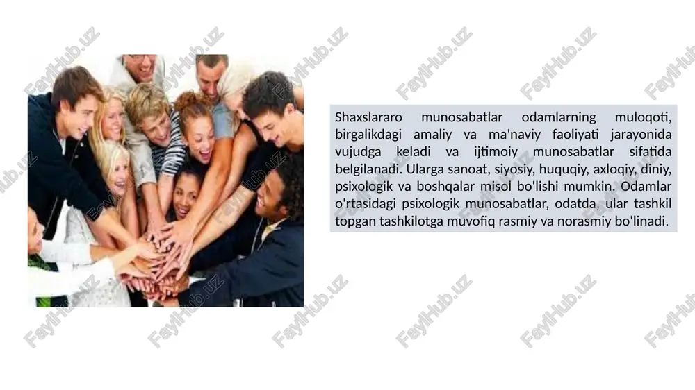 om etadi. shaxsning bunday psixologik nazariyalari yaratilgani va hozirgacha o'zining nazariy va amaliy ahamiyatini saqlab qolganligi bejiz emas, bunda uning asosiy tarkibiy qismlarining maqomi shaxslararo munosabatlarga bog'liq. 1. o'rganish obyekti yoki metodologiyani qo'llash nuqtasi. shaxslararo munosabatlar inson hayotining turli sohalarida namoyon bo'ladi, ular bir-biridan sezilarli darajada farq qiladi va ularda turli xil psixologik determinantlar ishlaydi. 3. qo'llaniladigan usullarning strukturaviy xususiyatlari. ko'rinib turibdiki, ushbu mezonga sub'ektning testga bo'lgan motivatsiyasi va uning yosh xususiyatlari nuqtai nazaridan alohida e'tibor berish kerak. ba'zi usullar o'zlarining tuzilishining mohiyatiga ko'ra topshiriqni bajarish uchun motivatsiyani oshirishni anglatmaydi. eng muhimi, bu anketa tipidagi usullarga tegishli. 4. shaxslararo munosabatlarni diagnostika qilishning boshlang'ich nuqtasi (bu yerda biz psixologning shaxslararo munosabatlar to'g'risidagi hukmi asos bo'lgan psixologik parametrlarni nazarda tutamiz). shaxslararo munosabatlarni baholashda mos yozuvlar nuqtalari tadqiqot natijalari bir xil atamalar bilan izohlangan hollarda ham sezilarli darajada farqlanadi. 2. tadqiqot jarayonida hal qilinishi kerak bo'lgan vazifalar. amaldagi usullarning haqiqiyligiga, u tomonidan taqdim …
