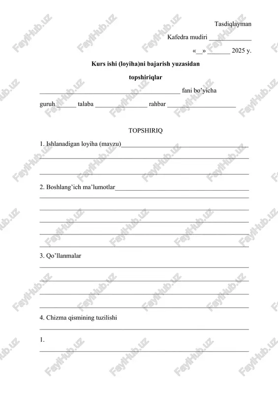 kelishi, talab darajasiga javob berishi, himoyaga qo’yilish imkoni) _______________________________________________________________________________________________________________________________«____» _________ 2025 yil rahbar _______________ termiz davlat pedagogika instituti kurs ishi (loyihasi)ga taqriz talaba__________________________________________________________ (ismi va familiyasi) mavzu___________________________________________________________ ______________________________________________________________ 1. mavzuning dolzarbligini asoslash _______________________________________________________________ ________________________________________________________________ 2. ishning tarkibini baholash ________________________________________________________________ ________________________________________________________________________________________________________________________________ 3. mavzuning baholanishi va uning afzallik tomonlarini ko’rsatish ________________________________________________________________ ________________________________________________________________ _______________________________________________________________ 4. ishda foydalanilgan adabiyotlarga baho berish _______________________________________________________________________________________________________________________________ 5.ilmiy munozara yuritish qobiliyatiga baho berish ________________________________________________________________ ________________________________________________________________ 6. xulosa va takliflarning ochiqligi va dalillari asoslanganligi ________________________________________________________________ ________________________________________________________________ 7. jadval va grafiklar, chizmalar sifatiga berilgan baho, ishni rasmiylashtirishning talab darajasiga javob berishi___________________________________________________________ ________________________________________________________________ 8.ishdagikamchiliklar_____________