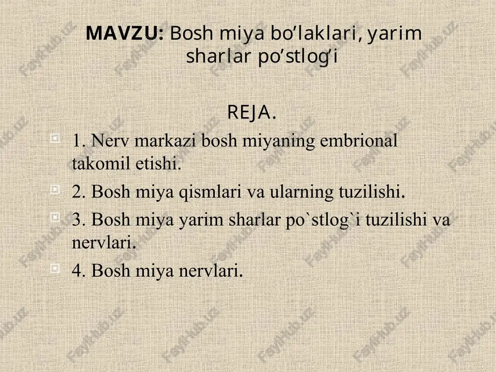 miyaning shu egat qismida o`ng va chap tomonlarida uzunchoq miyaning piramidachalari joylashgan. bu joydan bosh miyaning po`stlog`i va orqa miya nerv tolalari o`tadi. colliculus rostralis colliculus caudal velum meduliare rostralis fminentia medialis^ sulcus limitans frenulum veli medullaris rostralis n. trochlears pedunculus cerebellaris rostralis sulcus medianus ovea rostralis sulcus dorsolateralis sulcus intermedius dorsalis ! medulla spinalis > tuberculum gracile fasciculus eracilis sulcus medianus dorsalis uzunchoq miya va veroliev ko`prigining orqa tomonida rombsimon chuqurlik joylashgan. u to`rtinchi qorincha deb ataladi. rombsimon chuqurlikning yon yuzalari ostida ichkaridan tashqariga miya do`ngligi bo`lib, u uchburchak shaklida undan adashgan nerv hosil bo`ladi. oraliq miya bosh miya yarimsharlari orasida joylashgan. uning talamus (ko`rish bo`rtigi) va uning atrofida (yuqori, pastki, orqa tomonida) gipotalamus, epitalamus va metatalamuslar kiradi. uchinchi qorincha - ikkinchi qorincha va miya alveolalari tugunlaridan tashkil topgan. ular asosan bosh miyaning tub soha qismlarini tashkil qiladi. oldingi va oraliq miya miya qorinchalarining tuzilmasi hisoblanib, oraliq miyada bo`rtiq …