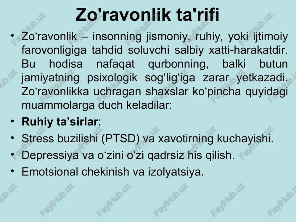 yuzaga keladi. bolalarga nisbatan zo'ravonlik; - turmush o'rtog'iga zo'ravonlik; - keksa odamlarga nisbatan zo'ravonlik oiladagi zo'ravonlikning boshqa zo'ravonlik turlaridan asosiy farqi shundaki, u xavfsiz va hatto himoya va qo'llab-quvvatlovchi deb hisoblangan yaqin yoki oilaviy munosabatlardagi odamlar o'rtasida sodir bo'ladi. zo'ravonlikning maqsadi - nazorat o'rnatish, shaxsni o'ziga bo'ysundirish. bolalarga nisbatan zo‘ravonlik — bu voyaga yetmagan shaxslarning jismoniy, ruhiy yoki jinsiy zarar ko‘rishiga olib keluvchi har qanday xatti-harakat yoki muomala bo‘lib, odatda, ular qaram bo‘lgan kattalar yoki atrofdagi odamlar tomonidan sodir etiladi. bu zo‘ravonlik bolalarning sog‘lig‘i, rivojlanishi va farovonligiga jiddiy salbiy ta’sir ko‘rsatadi. bolalarga nisbatan zo‘ravonlikning turlari: jismoniy zo‘ravonlik: bolaga qasddan tan jarohati yetkazish, kaltaklash yoki boshqa zo‘ravonliklar. jazolashning qattiq shakllari, masalan, tanaga og‘ir zarar yetkazish. ruhiy (psixologik) zo‘ravonlik: bolaning hissiyotlariga zarar yetkazish, uni kamsitish, qo‘rqitish yoki e’tiborsiz qoldirish. doimiy tanqid, haqorat yoki aybdorlik hissini uyg‘otish. jinsiy zo‘ravonlik: bolalarni jinsiy harakatlarga majburlash yoki ulardan jinsiy jihatdan foydalanish. voyaga yetmagan shaxsni jinsiy ekspluatatsiyaga …