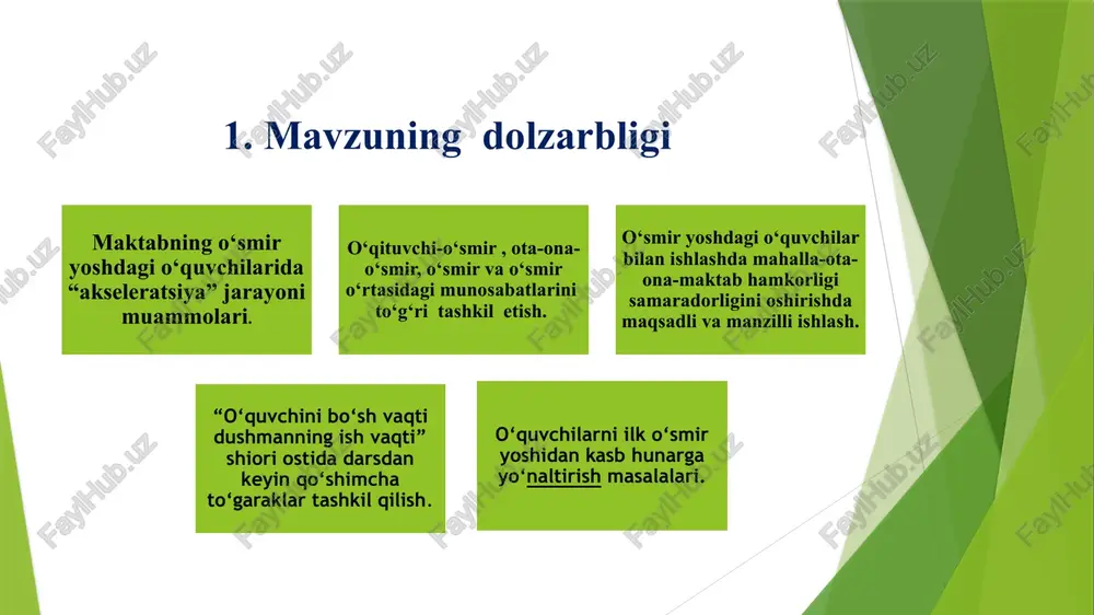 madaniyati, dini, irqiga nisbatan hurmatda va sabrli bo‘lish, agarda insonning biror-bir jismoniy yoki ruhiy kamshiligi bo‘lsa, unga tengqur sifatida qarash bolalikdanoq yosh avlod ongiga singdiriladi. o‘smirlik davrida maktablarda «bolalar haqida” degan fan o‘tiladi. ular oila qurish, homiladorlik, undan saqlanish yo‘llari, jinsiy yo‘l bilan yuqadigan kasalliklar, bola tarbiyasi va balog‘at yoshida o‘smirlar bilishi zarur bo‘lgan barsha ma‘lumotlarga ega bo‘ladilar. t/r amaldagi holat (o‘zbekistonda) amaldagi holat (jahonda ) taklif 1 davlatimizda barcha ta’lim muassalarida psixolog shitatlar tashkil qilingan bo‘lib uyerda psixologik xizmat yo‘lga qo‘yilgan. amerikaning har bir maktabida o‘quv dasturlarining bir qismi sifatida psixologiya fani o‘qitiladi. shuningdek maktab o‘quvchilariga “amerika orzusi” asosida fuqarolik ma‘suliyati kuchaytirib boriladi. maktab ta’limi dasturlarida “oila psixologiyasi”, “axborot tizimida axborot-psixologik xavfsizligi” fanlarini kiritish. 2 o‘quvchi va ularning ota-onalari o‘rtasida psixologik hamkorlik yo‘lga qo‘yilgan. xitoyda o‘smirlarda yaxshilik, to‘g‘rilik, roklik, donolik va ishonshlilik kabi fazilatlar sindirilib borish orqali ularda “ona vatanga xizmat qilish va sodiq bo‘lish” g‘oyasi shakllantiriladi. ta‘lim muassasalarida …
