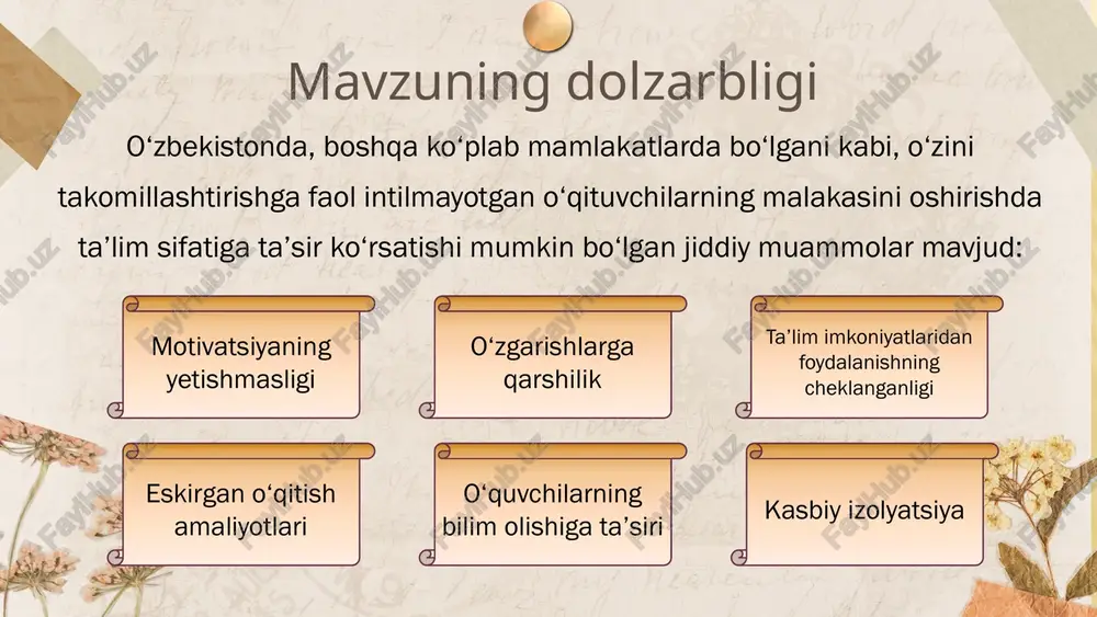 rganishni rag‘batlantirish hamkorlik va tajriba almashish seminarlar tashkil etish 4 kasbiy o‘sish uchun rag‘batlantirishni taklif qilish individuallashtirilgan yordam o‘qituvchini kasbiy ehtiyojlarini o‘rganib, metodik xizmat ko‘rsatish 5 maqsadli seminarlar va kurslar bilan ta’minlash texnologiya integratsiyasi kasb-hunarga o‘rgatish 6 doimiy baholash va fikr-mulohazalarni qo‘llab-quvvatlash mulohaza va mulohaza mahorat darslarini tashkil etish qiyosiy tahlil xulosa o‘qituvchilarning kasbiy rivojlanishiga ustuvor ahamiyat berish; ta’lim-tarbiya natijalarini samaradorligini oshirish; o‘qituvchilarning ilmiy salohiyatini rivojlanishi va moddiy farovon hayot kechirishiga erishishini qo‘llab-quvvatlash; ta’lim muassasasi taraqqiyotini rivojlantirish orqali o‘quvchilarning ilmga bo‘lgan ehtiyojlarini qondirish. taklif chora-tadbirlar rejasi t/r muammo amalga oshirish mexanizmi mas’ullar muddati natija o‘qituvchilarda oilaviy nizolar tufayli kelib chiqadigan stresslar 1.psixologik test, suhbat va tavsiyalar bo‘yicha samarali amaliy treninglar o‘tkazish. direktor, psixolog har chorakda o‘qituvchi turli xil ruhiy tushkunliklardan xalos bo‘ladi 2.motivatsiya berib borish rahbariyat doimo 2. o‘qituvchining maktab pedagogik jamoasi bilan kelisha olmasligi 1.psixologik suhbat o‘tkazish, tavsiyalar berish direktor, psixolog o‘quv yili davomida maktab pedagogik jamoasi bilan hamkorlik …