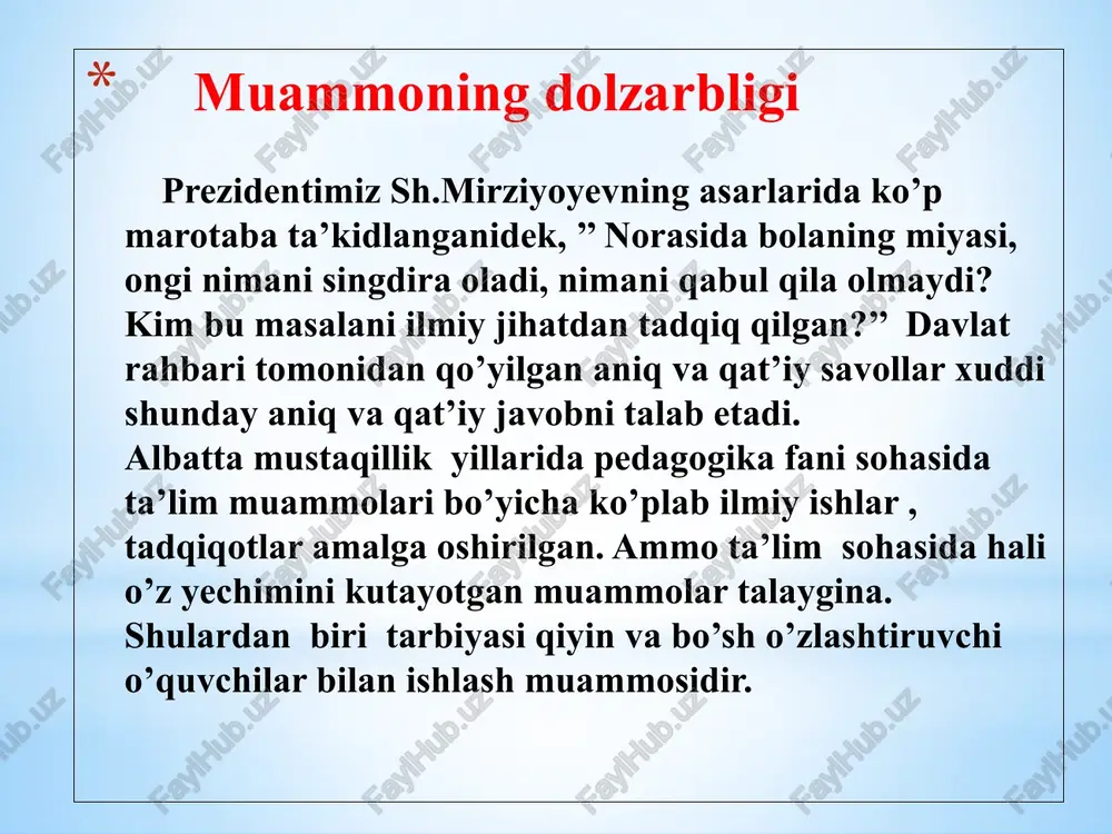 infga o’tganda o’quvchini bilimini va qiziqishini aniqlamaslik. fransiya ta’lim tizimida boshlang’ich sinfdan yuqori sinfga o’tganda imtihon qilib 3 guruhga ajratib o’qitiladi. -gomogenlar-matematika va gumanitar fanlar o’zlashtirayotgan o’quvchilar -yarim gomogenlar- tabiiy fanlarni o’zlashtirayotgan o’quvchilar -gigeron- barcha fanlarni har xil saviyada o’zlashtirayotgan o’quvchilar. o’zbekistonda ham boshlang’ich sinfni tamomlayotganda o’quvchilar bilimini tekshirib, iqtidoriga qarab ajratish kerak. № muammo amalga oshirish mexanizmi mas’ullar muddati natija 1 ota-onalarni maktab bilan hamkorlikni yaxshi yo’lga qo’yilmaganligi 1.ota-onalarni maktab bilan hamkorligini tizimli yo’lga qo’yish kerak. masalan ota-ona va ustoz o’rtasida aloqa daftar joriy qilish kerak mmibdo’, sinf rahbar, ota-ona har hafta ota-onalarning ta’lim oldidagi majburiyatlarini his qiladi va farzandining kelajagi uchun javobgar shaxs sifatida o’rin egallaydi. 2. har bir ota-onalarni reja jadval asosida darslarga taklif qilish metodi o’tibdo’, sinf rahbar, ota-ona har hafta bu metod albatta ijobiy ta’sir qiladi, o’quvchilarga ham ustozga ham o’quvchilar faolligi oshadi, ustozning ham dars o’tishi metodi o’zgaradi. 2 yosh o’qituvchilarni sinf bilan ta’minlanishi …
