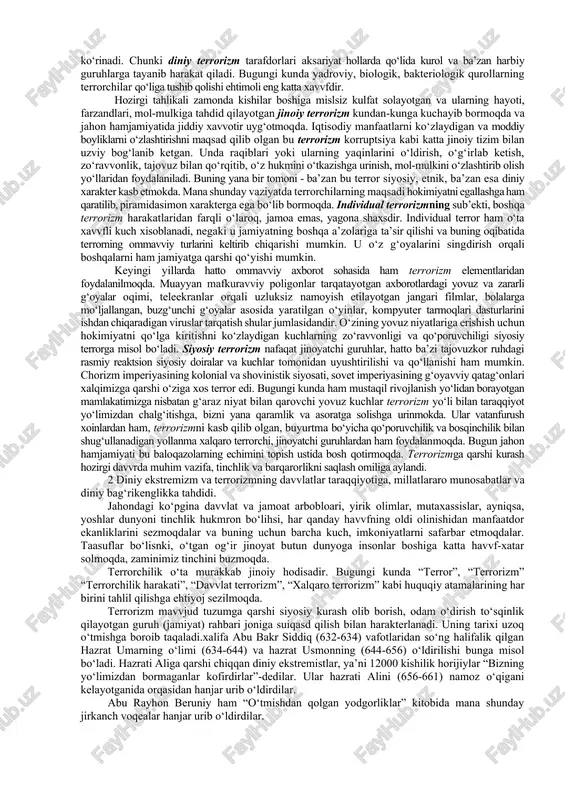shgan. o‘ng va so‘l ekstremistlar olib borayogan faoliyat vakillik demokratiyasi manfaatlariga ziddir. shuning uchun ham g‘arb siyosatshunosligida «yagona ekstremizm», «ikki ekstremizm» va «uch ekstremizm» konpeptsiyalari mavvjud. «yagona ekstremizm» kontseptsiyasi kommunistik va fashistik diktaturalarning mavvjudligidan kelib chiqadi. «uch ekstremizm» kontseptsiyasiga ko‘ra, fashizm – tsengristlar ekstremizmi, kommunizm – sullar ekstremizm, gollizm esa – o‘nglar ekstremizmidir. portugaliyadagi salazar rejimi o‘nglar rejimi hisoblanadi. diniy asoslarda vujudga kelgan ekstremistik guruh va oqimlar g‘arbda ham, sharqda ham mavvjud. o‘rta osiyo mamlakatlarida, jumladan, o‘zbekistonda «hizb ut-tahrir», «akromiya», «nurchilar» singari diniy ekstremistik oqimlar vakillari qonunga zid holda faoliyat olib borishga urinmoqda. diniy ekstremizm (ekstremizm – “o‘ta” degani) – xavfsizligimizga tahdid soluvchi tashqi omillardan biri bo‘lib, u barcha diniy tashkilotlarda faqat o‘zi sig‘inadigan dinni to‘g‘ri deb, boshqa har qanday dunyoqarashning to‘g‘riligini inkor etuvchi (keskin choralar va harakatlar tarafdorlari bo‘lgan), o‘ta fanatik (mutaassib) dindor yoki dindorlarning faoliyati tushuniladi. diniy fundamentalizm (lotincha – “asos” degani) – barcha dinlarda o‘z ilohiy yozuvlarini …
