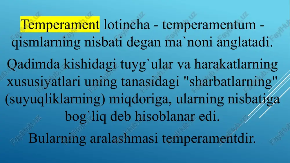 n, ammo atrofdagi voqealarga unchalik e`tibor bermaydigan, o`zini to`xtata oladigan harakatlar qiladigan va sekin ovoz chiqaradigan kishilar melanxoliklar deb ataladi. 10 temperamentning har bir tipiga psixik xossalarning o`z nisbati, avvalo, har xil darajadagi faollik va emotsionallik, shuningdek motorikaning u yoki bu xususiyatlari xosdir. dinamik ko`rinishlarning muayyan strukturasi temperament tipini belgilaydi. 11 shaxs avvalo temperamentning turli tiplariga taalluqli bo`lgan psixik xususiyatlarning namoyandasidir. shaxs temperamentning aralash tipiga egadir. biroq shunday kishilar ham bo`ladiki, ularda u yoki bu temperament tipi ancha yorqin nomoyon bo`ladi. 12 masalan, rus sarkardalaridan a.v.suvorov tipik xolerik edi: zamondoshlarining eslashlaricha uning qarashlari, so`zlari, harakatlari nihoyatda jonliligi bilan ajralib turar edi. u go`yo orom nimaligini bilmas va o`zini kuzatib turgan odamda yuzlab ishlarni birdaniga qilishga intiladigan tinib-tinchimas kishi sifatida taassurot qoldirar edi. u bamisoli yurmas, balki yugurar, otga minib emas balki uchib borar, o`z yo`lida turgan stulni aylanib o`tmas, balki uning ustidan sakrab o`tar edi. 13 i.p.pavlov o`z temperamenti ustida …