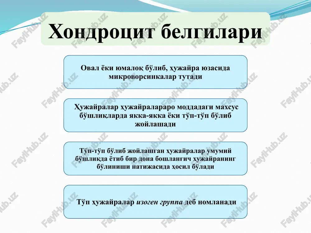 asosiy modda suyak to'qimasi mineral tuzlar: qalinligi 1,5—7,5 nm gacha, uzunligi 150 nmli apatitgidrooksid kristallaridan va qisman xondroitin-sulfat kislotasidan iborat osteotsitlar o'simtali, o'simtalari mayda o'simtalarga tarmoqlangan hujayralar bo'lib, shakliga mos keladigan bo'shliklarda joylashadi va o'simtalari bilan o'zaro bog'lanandi hujayra markazi osteotsitlardan topilmagan, shu tufayli bu hujayralar bo'linish qobiliyatiga ega emas deb hisoblanadi osteoblastlar suyak usti pardasida, suyakning yangidan hosil bo'layotgan qismlarida uchrab, kubsimon, piramidasimon yoki ko'p qirrali shaklda bo'lib, yumaloq yoki ovalsimon yadroga ega osteoblastlar suyak hosil qiluvchi yosh hujayralar,ular doimo oqsil sintez qilib hujayralararo moddaga ajratib turadi, hujayralararo modda hosil bo'lishi tugagandan so'ng osteotsitlarga aylanadi hujayraning mayda o'simtalari keyinchalik qisqarishi yoki yo'q bo'lib ketishi mumkim, lekin ular joylashgan kanalchalar sistemasi saqlanib, ular orqali suyak to'qimasida modda almashinadi osteoklastlar embrionda mezenxima hujayralaridan, so'ngra esa monotsitlardan hosil bo'lib, eng yirigi 100 mkm ga etishi mumkin shakli esa noto'g'ri yumaloq bo'lib, juda ko'p yadroga ega, ularning suyak to'qimasi bilan uchrashgan erida o'yiqlar …