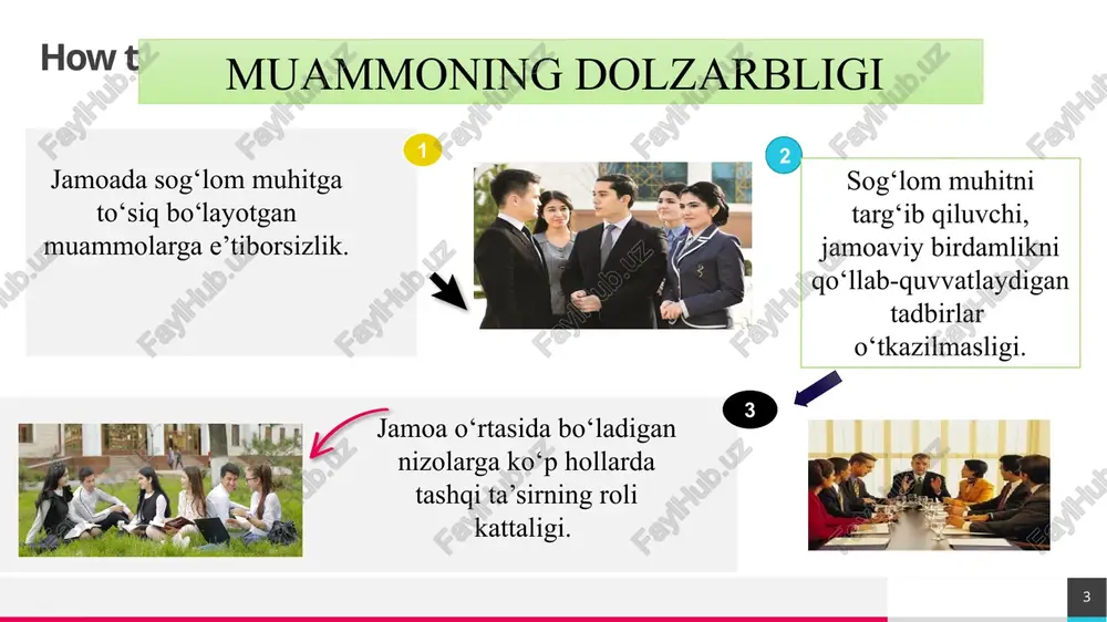 atish uchun ijtimoiy so‘rovnomalar o‘tkaziladi. jamoada sog‘lom muhitni yaratish uchun har oyda bir marotaba “sog‘lom muhit-sog‘lom jamoa” haftaligi deb belgilab, ma’naviy-marifiy, sport tadbirlari ishlab chiqish. trey research dobavit nijniy kolontitul 9 xulosa jamoada sog‘lom muhitni yaratish uchun,jamoani bir maqsad atrofida birlashtira oladigan, shaffoflikni har narsadan ustun qo‘yadigan jamoa a’zolarini shakllantirish. jamoadagi xodimlar o‘zaro bir-birlarini hurmat qilishi,ma’naviy ko‘mak berishlari muhim. eng avvalo maktab rahbarining mahorati jamoa a’zolariga bo‘lgan hurmat ularga nisbatan ishonch va adolatli yondashishi deb o‘ylayman. trey research 10 takliflar trey research maktab jamoasi orasida sog‘lom muhitni yaratish uchun psixologik trening mashg‘ulotlar, ijtimoiy so‘rovnomalarni muntazam uyushtirish va samarali tashkil etish. maktab jamoasi orasida avgust kengashlarida “o‘qituvchilar sog‘lom muhit yaratuvchilari” shiori ostida yillik reja ishlab chiqib, har bir chorak yakunida jamoaviy mashg‘ulotlarni o‘tkazish. pedagogik jamoaning ma’naviy sog‘lom muhitini shakllantirish uchun har oyda bir marotaba “sog‘lom muhit-sog‘lom jamoa” oylik chora-tadbirlari ishlab chiqish. sog‘lom jamoani shakllantirishga jamoatchilik vakillari va ota-onalarni jalb qilgan holda …