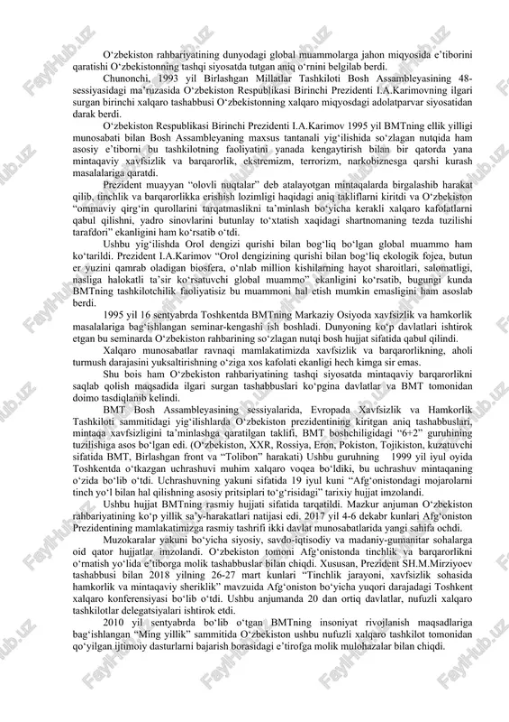 tchiligi oldida xalqaro huquqning umumjahon e’tirof etgan normalariga sodiqligini konstitutsiya darajasida ham mustahkamladi. halqaro huquqning tamoyillari va normalarining butun bu majmui konstitutsiyaga bmt ustavidan, inson huquqlari umumiy deklaratsiyasidan va inson huquqlariga oid boshqa halqaro huquq bitimlardan, xelsinki bitimi, parij va madrid xartiyalariga asoslandi. shuningdek, asosiy qonunga kiritilgan qonunlarni rivojlantirish maqsadida “diplomatik munosabatlarni o‘rganish tartibi”, “o‘zbekistonda xalqaro shartnomalarni tuzish, ijro etish va bekor qilish” haqida aktlar ham qabul qilindi. ularda tashqi siyosatning har tomonlama asoslangan tamoyillari o‘z aksini topdi. shu o‘rinda aytib o‘tmoq lozimki, bu tamoyillar yosh suveren davlatning asosiy tashqi siyosiy doktrinasini ifoda etish bilan birga davlatlararo munosabatlar yo‘nalishlarining rivojlanishi va keng doiradagi tashqi muammolarni hal qilish imkonini berdi. mamlakatimizni jahon xalqlari tinchligi va xavfsizligini mustahkamlashga qaratilgan tinchliksevar tashqi siyosati uning jahon miqyosida mustaqil davlat sifatida tezda tan olinishini ta’minladi. o‘zbekiston respublikasi o‘zining tashqi siyosatdagi yo‘nalishlarini demokratik pritsiplarga asoslangan holda olib borar ekan, 1991 yil dekabrdan 1992 yil iyul oyigacha …