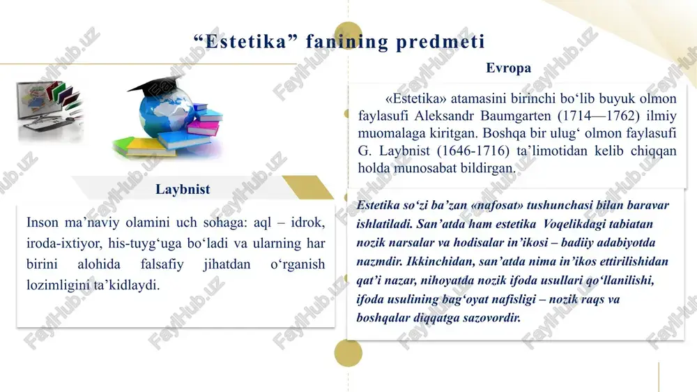 hda, nafaqat tabiat hodisalari, balki adolat, mardlik, sahovat, donishmandlik kabi yaxshi insoniy fazilatlar ham kiradi. go‘zallik – bu tabiat, jamiyat, san’at hodisasi bo‘lib, biror narsaga his-tuyg‘u orqali ta’sir o‘tkazish bilan insonda jismoniy va ma’naviy kuchlar oqimining ko‘payishiga, shodlik, zavqlanish, ma’na-viy qoniqish holati vujudga kelishiga imkon yaratiladi. qadimgi yunon faylasufi platon bu muammoni ilk bor «nima go‘zal?» va «go‘zallik nima?» degan savollarga, go‘zallikni u jonli, hissiyotli, o‘zgaruvchan narsalar olamidan ajralib qolgan abadiy ruh - g‘oya sifatida ta’riflaydi. go‘zallik va uning muqobillari san’atdagi go‘zallik – hayotdagi go‘zallikning in’ikosi bo‘lib, boshqa odamlardan farqi shunda-ki, u boshqalar fahmlay olmagan go‘zallikni hamma erda ko‘ra olish, fahmlash, sezish, his qilish qobiliyatiga egadir. haqiqat va go‘zallik birligi san’at taraqqiyotining qonuniyatlaridan biridir. shekspir «go‘zallik qimmatli haqiqat bilan yakunlanib, yuz chandon go‘zallik kashf etadi», deydi. san’at estetik orzuni ro‘yobga chiqarish: 1) ijobiy qahramon ramzini yaratish, ijobiy qahramon – ijodkorning go‘zallik haqidagi estetik orzusidir. 2) salbiy qahramon – go‘zallikning aksi …