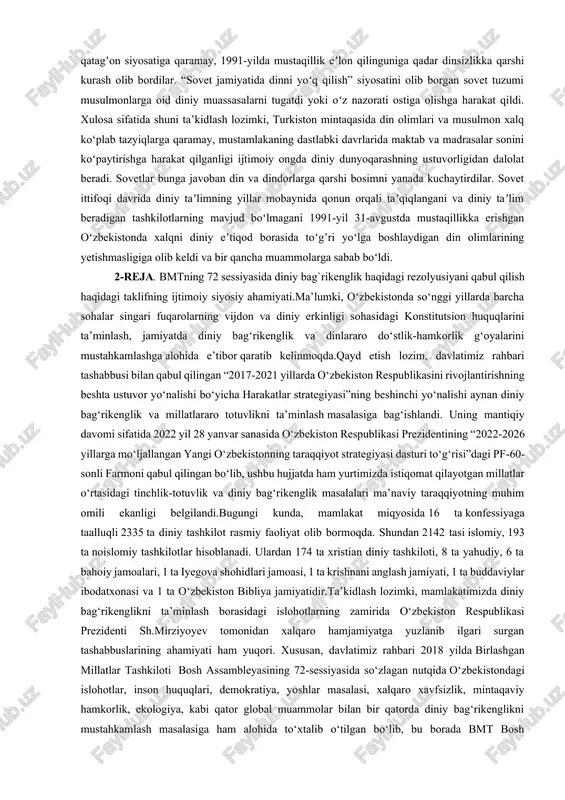 iy guruhlar bilan har qanday nizolarning yuzaga chiqishiga yoʻl qoʻymadi. ikkinchi jahon urushi davomida va keyingi yillarda sovet hukumati bilan islom dunyosi oʻrtasidagi munosabatlar iliqlashdi. 1942-yil iyul oyida rossiyaning yevropa mintaqasi muftiyi abdurahmon rasulev stalin bilan aloqalarni yoʻlga qoʻydi. nemislarga qarshi urushda musulmonlarning hukumatni qoʻllab-quvvatlashi vaʼdasi olinib, dinga qarshi propaganda, butunlay boʻlmasa-da, toʻxtatildi. sovet davlati bilan islom orasidagi rasmiy munosabat, ayniqsa islomiy tashkilotlarning eski shaklini boshqarish orqali bir nechta diniy idoraning tashkil etilishi natijasida normallashdi. bu iliq munosabatlar stalinning vafotiga qadar davom etdi. sovet ittifoqining diniy siyosati negizida “kommunizm va dinning bir-biriga uygʼun emasligi” fikri mavjud edi. oʻtkazilgan tadqiqotlarga koʻra, 1917-1930 yillar din olimlari va diniy xodimlarga qarshi kurash va bosim davri deb nomlangan. 1941-1945-yillar esa dinga nisbatan qoʻllangan bosimlarning biroz yumshatilgan davri deb taʼkidlanadi. 1960-1980-yillarda diniy idoraga qurʼoni karim va diniy taqvimni chop etishga qayta ruxsat berildi. aksilislomiy propagandalar 1980-yildan keyin ham davom etdi. islomni tashviq qilish bu davrda …