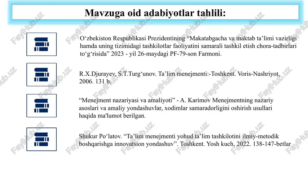 tini beradi. o‘qituvchilarga ishonch, erkinlik, ijodkorlik va moslashuvchanlik imkoniyatini yaratib berish. 2 umumta’lim maktablarida intigratsiya darslarni tashkil etilmasligi. yaponiyada o‘qituvchilar birgalikda darslarni rejalashtirish, kuzatish va tahlil qilishadi. bu jarayon o‘qituvchilar o‘rtasida o‘zaro o‘rganish va tajriba almashish imkoniyatini yaratadi, shuningdek, ta’lim sifatini doimiy ravishda yaxshilashga xizmat qiladi. maktab xodimlarining ish samaradorligini oshirishda olingan yangi bilimlarini olishi va ularni mulohaza qilish, xulosalash orqali amaliyotda qo‘llay olishi. xulosa: maktab xodimalarining ish samaradorligini oshirish usullari maktablardagi ta’lim sifati va guruh rahbarlari va o‘qituvchilarga bog‘liqdir. shuning uchun globallashuv davrida zamonaviy bilim va ko‘nikmalarga ega bo‘lgan, intiluvchan kommunikativ, kreativ xususiyatlarni o‘zida mujjasamlashtira olgan, zarur paytda tajriba almashishni biladigan bundan tashqari o‘qituvchilarga boshqa metod birlashmalar bilan hamkorlik qilib, darslarni reja asosida tuza oladigan pedagoglar orqali, maktab xodimalarining ish samaradorligini oshirish mumkin. metod birlashma rahbarlari zamon bilan hamnafas bo‘lib, o‘qituvchilar bilan xalqaro standartlarga javob bera oladigan mulohaza yurita oladigan o‘quvchilarni yetkazib berishda davlatimizning bir bo‘g‘ini deb hisoblayman. 8 …