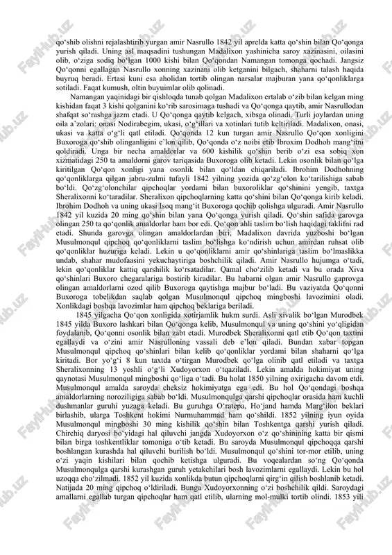 n suiqasd natijasida o‘ldiriladi va taxtni 1770 yilda norbo‘tabek (1770-1801) egallaydi. u markaziy hokitmiyatni mustahkamlashda ancha muvaffaqiyatlarga erishdi. chust va namanganda ko‘tarilgan g‘alayonlarni bostirganidan so‘ng bu shaharlarga o‘ziga sodiq kishilarni hokim etib tayinladi. u xo‘jand shahrini ham o‘z hokimiyati ostiga olishga erishadi. 1799 yilda toshkent shahrini egallashga ham urinib ko‘radi, lekin uning qo‘shini mag‘lubiyatga uchradi. norbo‘tabek 1801 yilda vafot etganidan so‘ng taxtga katta o‘g‘li olimbek o‘tiradi. garchi u qisqa vaqt taxtga o‘tirgan bo‘lsada, uning davrida (1801-1810) qo‘qonning siyosiy mavqei ancha oshdi. dastlab u harbiy islohotlar o‘tkazib, qo‘shinni ancha kuchaytirdi. harbiy yurishlar qilib angren voxasini, chitmkent va turkistonni o‘ziga bo‘ysundirdi. natijada u rossiya imperiyasi bilan bevosita savdo-sotiq olib borish imkoniyatini qo‘lga kiritdi. qo‘qon davlati kuchayib borishi bilan uning siyosiy maqomi ham o‘zgardi. agar qo‘qonning dastlabki hukmdorlari “biy”, “bek” unvonlari bilan davlatni boshqargan bo‘lsalar 1805 yildan bu davlat rasman qo‘qon xonligi deb e’lon qilindi va olimxon “xon” unvoni bilan hokimiyatni boshqara boshladi. …