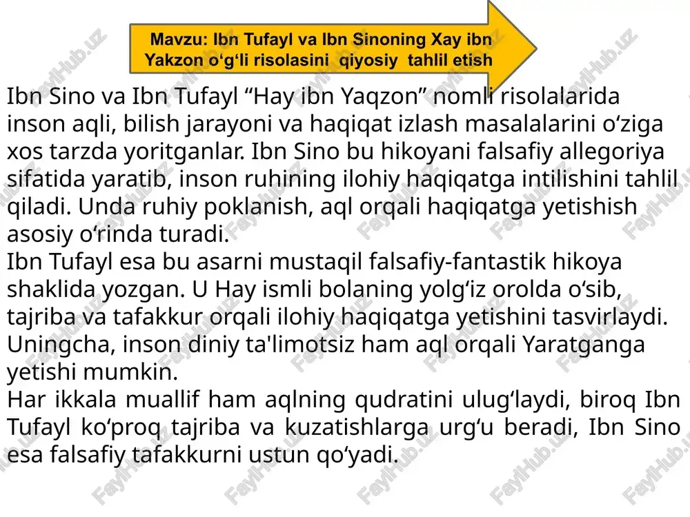 ari o‘z davrida, shuningdek bugungi kunda ham muhim ahamiyat kasb etadi. bu asarlarda behbudiy yoshlarni ilm olishga, o‘zligini anglashga, jamiyat oldidagi mas’uliyatni his qilishga da’vat etadi. u xalq orqasida qolganini, uni faqat bilimli, ongli yoshlar ilg‘a olib chiqishi mumkinligini ta’kidlaydi. shuningdek, behbudiy jaholat, befarqlik, dangasalik kabi illatlarni keskin tanqid qiladi. bugungi yoshlar ham ushbu murojaatlardan saboq olishi, o‘z hayotiga tanqidiy nazar bilan qarab, ma’rifatli va faol bo‘lishga intilishi kerak. behbudiyning bu asarlari nafaqat tarixiy murojaat, balki ma’naviy uyg‘onishga undovchi chaqiriqdir. shunday qilib, bu murojaatlar yosh avlodni ongli, ma’suliyatli va vatanparvar bo‘lishga chorlaydi. mavzu:koevolyutsiya va entironmentalizm dialektikasi . koevolyutsiya — bu tirik organizmlar va ularning atrof-muhiti o‘zaro ta’sirda rivojlanadigan jarayon bo‘lib, biologik xilma-xillik va ekologik muvozanatni shakllantirishda muhim rol o‘ynaydi. bu tushuncha organizmlar va ular yashaydigan muhitning bir-birini shakllantiruvchi uzviy bog‘liqligini ifodalaydi. masalan, changlatuvchi hasharotlar va gullar o‘rtasidagi o‘zaro moslashuv koevolyutsiyaning yorqin namunasi hisoblanadi. entironmentalizm esa insonning atrof-muhitga bo‘lgan munosabatini tanqidiy …
