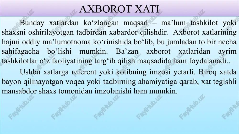 hi (imzo) r.s.karimov kafolat xati ma’lum bir muassasa tomonidan yuborilgan iltimos va so‘rovlarga javob tarzida yoziladigan xat. tasdiq xatning qaysi xatga javoban bitilganligi iloji boricha aniq ko‘rsatilishi kerak.bunday xat matnida qo ‘llanuvchi asosiy so‘zlardan biri “tasdiqlamoq” fe’lidir. tasdiq xat tashkiliy hujjatlar tasdiq xat namunasi: sizning xomashyo so‘rab 2024-yil 10-noyabrda jo‘natgan a-22-18 raqamli xatingizni olganligimizni tasdiqlaymiz. bu masala to‘g‘risidagi javobimiz 2024-yil 26-noyabrgacha xabar qilinadi. tasdiq xatlar o‘z vaqtida jo‘natilsa, eslatma xatlar uchun hech qanday ehtiyoj sezilmaydi. javob talab qiladigan bunday yozishmalarda ma’lumotlar, hujjatlar yoki boshqa zarur narsalar so‘raladi. birgina xatda turli masalalarga doir bir necha so‘rov aks etmasligi, unda bayon qilinayotgan masalalar aniq va ravshan ifodalanishi lozim. faqat shu xildagina yo‘llangan so‘rovga tez va mukammal javob olish mumkin. so‘rov xati, odatda, ikki asosiy qismdan – kirish va xulosadan iborat bo‘ladi. kirishda so‘rovning yuborilish sababi ko‘rsatiladi, xulosa qismida esa xat yo‘llangan tashkilotdan javob talab qilinayotgan masalalar yoritiladi. so‘rov xati bir tarmoqqa tegishli …