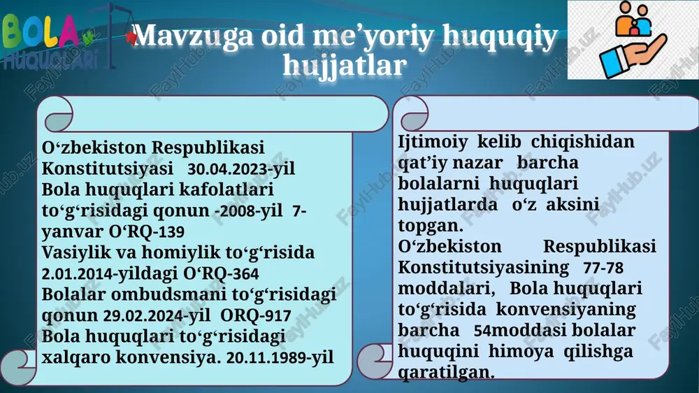 ribalarni o‘rganilganligi: qiyosiy tahlil amaldagi holat o‘zbekistonda amaldagi holat xorijiy davlatlarda takliflar o‘zbekiston respublikasida maktab o‘quvchilarning xavfsizligini ta’minlashda islohotlar qabul qilingan qonunlar doirasida bosqichma-bosqich amalga oshirilib, tizimli yo‘lga qo‘yilmoqda. shu bilan bir qatorda milliy gvardiya maktab hayotiga jalb qilindi. aqsh, xitoy va malayziya davlatlarida bolalar va maktab o‘quvchilari uchun xavfsizlik tizimi kuchaytirilgan va bolalarning ta’lim olishlari uchun shart-sharoitlar yaratilgan. shular bilan bir qatorda bolalarni internet xurujlaridan himoya qilishga alohida e’tibor qaratilgan va qator qonunlar qabul qilingan. 1.o‘quvchilar xavfsizligi bo‘yicha yagona siyosatni amalga oshirish. 2. “bola huquqlari bo‘yicha konvensiya” moddalari talablariga amal qilinish. 3.bola huquqlariga oid qonunlarni to‘liq bilish va amal qilish. 4. maktabda oʻquvchilarga “xavfsiz muhit”ni yaratish. xulosa maktabda bola huquqlarini himoya qilish tizimi orqali “xavfsiz muhit” yoki “xavfsiz makon“ni shakllantirish orqali bolalarning to‘liq erkinliklari , huquqlari va xavfsizliklarini ta’minlashga erishamiz. bolalar huquqini himoya qiluvchi tashkilotlar bilan mustahkam hamkorlikni mustahkamlash orqali bolalarning huquq va erkinliklarini qonun doirasida ta’minlash, ularning ota …
