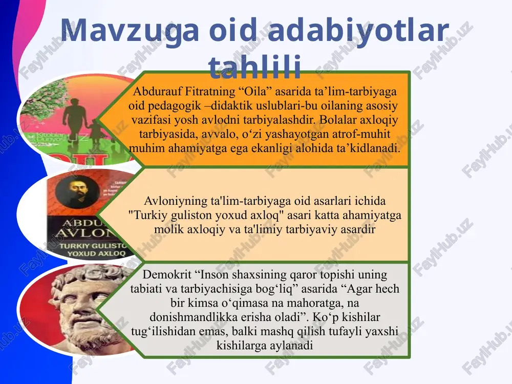minlashi ota-onalar tarbiyalanuvchilariga doimo hurmat , talab va e’tiborning katta ahamiyati borligini o‘zlariga anglatish farzandlari o‘zlarining kerakligini his qilishini bildirish ota-onalarning muayyan darajada pedagogik bilimlarga ega bo'lishlari zarur va ahamiyatlidir. oila va ta'lim muassasalari o'rtasida tashkil etilgan hamkorlikning bosh g'oyasi ham ota-onalar uchun pedagogik yordam ko'rsatish desak ayni maqsadga muvofiq hisoblanadi takliflarim tuman kasaba uyushmasi va mahalla bilan hamkorlikda ota-onalar bilan va farzandlar o‘rtasida musoboqalar tashkillashtirish jamoat tashkilotlari, qotin-qizlar qo`mitasi, namunali farzandlarni tarbiyalab voyaga yetkazgan nuroniy ota-onalar bilan uchrashuvlar tashkillashtirish “e-maktabda eng faol ota-onalar” tanlovini tashkillashtirish “ota-onalar universiteti” faoliyatini yanada kuchaytirish, va mahalla bilan birgalikda haftaning har jumasida o‘quvchilarga sinf soati o‘tilgani kabi ota-onalar darsini tashkil qilish e’tiboringiz uchun rahmat!!! image3.wmf image4.jpeg image12.jpeg image13.jpeg image14.png image15.jpeg image16.jpeg image17.jpeg image18.jpeg image19.jpeg image1.jpeg image2.jpeg