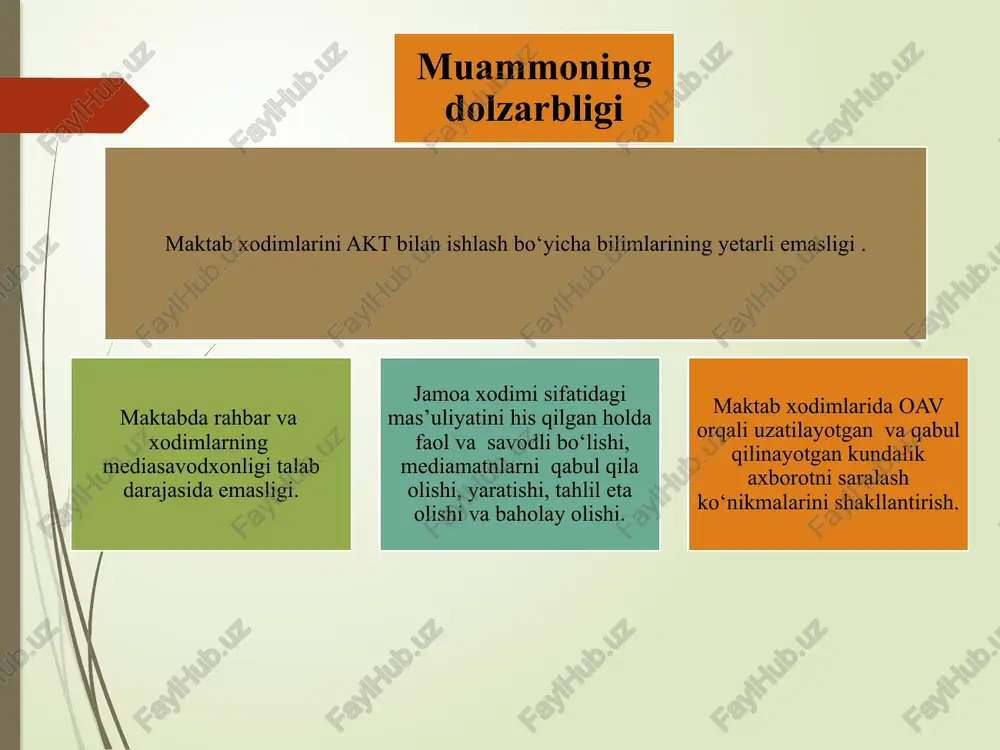 ila boshlandi. shvetsiya mediata’lim 1980-yildan boshlab ta’lim muassasalarida alohida fan sifatida o'qitila boshlangan.mediataʼlimni joriy etishdan asosiy maqsad yoshlarda ommaviy axborot vositalarining xabarlarini tanqidiy idrok etish qobiliyatini rivojlantirish, turli xil maʼlumotlar manbalaridan olingan habarlar haqida o‘z fikrini shakllantirish, shuningdek, tomosha qilingan filmlar va teledasturlar haqida o‘z fikrini bildirish qobiliyatini shakllantirish bo‘lgan. 2000-yilning kuzidan boshlab mediataʼlim shvetsiya milliy o‘quv dasturiga rasman kiritilgan. qiyosiy tahlil o‘zbekiston maktablar va universitetlarda o‘quvchi va talabalar uchun kompyuter xonalari zamonaviy axborot texnologiyalar bilan jihozlangan. umumta‘lim maktablarida o‘quvchilarini boshqarish, o‘quvchilar ro‘yxatini elektron tarzda shakllantirish, darslar va dars jadvali, elektron jurnal, o‘quvchilar davomati, o‘quvchi va o‘qituvchilar harakatini nazorat qilish va moliyaviy resurslarni boshqarish erp.maktab.uz, e-maktab platformalari orqali boshqarilib boriladi va nazorat qilinib turiladi. moldova moldovada 2014-yildan beri mamlakatda maktab o‘quvchilari va talabalar uchun mediasavodxonlikni o‘rgatish bo‘yicha milliy darajadagi loyiha joriy etildi. 2017-yildan boshlab boshlang‘ich va o‘rta maktablarda “raqamli ta’lim” kursi o‘tila boshlandi. xulosa bugungi global media zamonida mustahkam turish …
