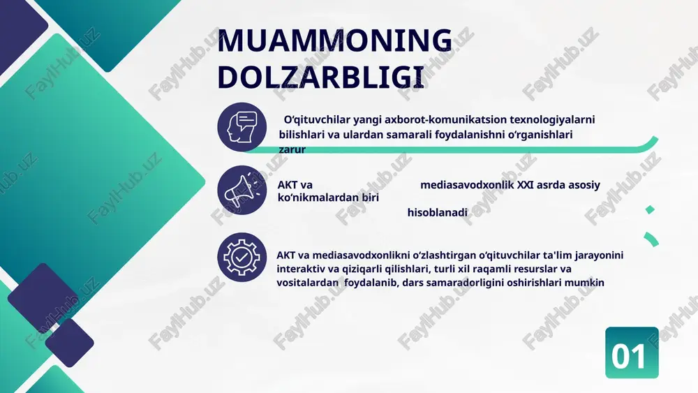 lsak pedagoglarni akt va mediasavodxolik bo‘yicha bilim va malakalarini oshirish orqali ta'lim jarayonini samarali va qiziqarli qilish mumkin, buning uchun avvalo quyidagi jihatlarga e’tibor berilishi kerak o‘qituvchilarning malakasini oshirish maxsus treninglar, seminarlar va onlayn resurslar orqali o‘qituvchilarni akt va mediasavodxonlik bo‘yicha doimiy ravishda o‘qitish 04 xavfsizlik va mediasavodxonlik xulosa innovatsiyalarni qo‘llash ta'limda yangi texnologiyalar va usullarni joriy etish orqali o‘quvchilarning o‘qishga bo‘lgan qiziqishini oshirish 02 infratuzilmani rivojlantirish maktablarni zamonaviy texnologiyalar bilan jihozlash va internet bilan ta'minlash orqali o‘qituvchilar va o‘quvchilarga keng imkoniyatlar yaratish o‘qituvchilar va o‘quvchilarga axborot xavfsizligi va mediasavodxonlik bo‘yicha bilimlarni berish, ularni noto‘g‘ri axborotdan himoya qilish 07 t a k l i f l a r o‘qituvchilar va xodimlar uchun akt va mediasavodxonlik bo‘yicha maxsus o‘quv kurslari tashkil etish. o‘qituvchilar uchun raqamli ta'lim materiallari, video darslar, interaktiv qo‘llanmalar va boshqa resurslarni taqdim etuvchi elektron ta'lim platformasi yaratish maktablarni zamonaviy kompyuterlar, interaktiv doskalar, proyektorlar va boshqa texnologik vositalar bilan …