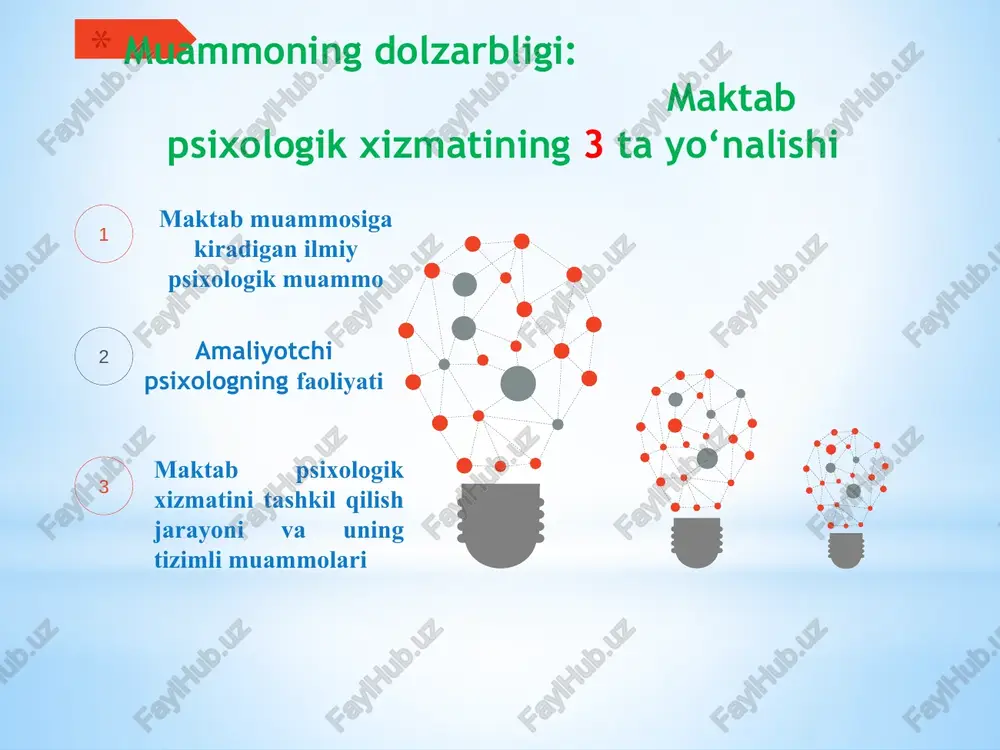 nalari, o'quvchilari va o'qituvchilariga o'z vaqtida psixologik yordam ko'rsatish va qo'llab-quvvatlash. muammo yuzasidan xorijiy tajribalarni o‘rganilganligi rossiyada maktablarida psixologik faoliyatning maqsadi quyidagilardir: bolalar rivojlanishidagi muammolarning oldini olish; o’quvchilarning rivojlanishini uzluksiz o’rganish va dolzarb muammolarini hal qilishda yordam berish; o’quvchilar, ota-onalar, o’qituvchilarning psixologik-pedagogik kompetensiyasini rivojlantirishdir. rossiya maktablaridagi maktab mediatsiya xizmatining asosiy maqsadi bolalar va o'smirlarning har tomonlama rivojlanishi shu jumladan, qiyin hayotiy vaziyatlar yuzaga kelganda, ularning turli nizoli vaziyatlardan oson chiqib ketish yo’llarini ishlab chiqishdir. germaniyada maktab psixologlari o'zlarining kasbiy faoliyatida psixologiya fanining yutuqlaridan foydalanadilar. bundan tashqari, ular o'z faoliyati uchun ma'naviy javobgarlikni o'z zimmalariga oladilar. maktab bilan tizimli ishlash doirasida psixologlar maktabning ichki konsepsiyasini ishlab chiqish, maktab ichidagi tashkiliy va ish muhitini optimallashtirish shuningdek tashkiliy maslahatlar bilan shug'ullanadilar. amerika maktablarida psixologik faoliyatni yo’lga qo’yish bundan yuz yil oldin yaratilgan. rivojlanishning uzoq davriga qaramay, psixologik faoliyat ko'rsatish jarayoni har yili takomillashib bormoqda. maktablarda psixologlarining alohida o'rni bor, ular maxsus ta'lim xizmatlari …