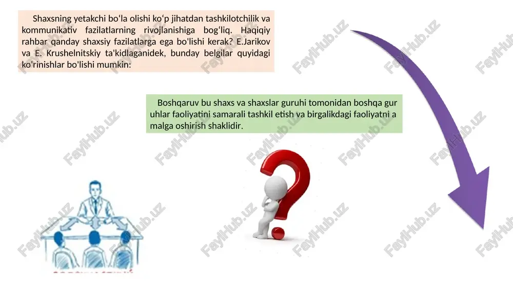 ik” (kuzatishlarimiz bo‘yicha, guruh topshiriqni bajara olmasa, o‘z harakatlarini muvofiqlashtira olmasa va albatta rahbariyat bilan bog‘lana olmasa, haqiqiy yetakchi befarq qolmaydi); guruh tomonidan yetakchi sifatida qabul qilinadi (masalan, ikkita ishtirokchi bir-biriga o‘xshash g‘oyalarni taklif qiladi, lekin guruh birini tanlaydi va ikkinchisini rad etadi yoki sezmaydi: yetakchi g‘oyasi qo‘llab-quvvatlanadigan yoki buyrug‘i bajariladigan shaxsdir) topshiriqni bajarishda guruhga yordam bera olish (yoki yechimlarni bilish, yoki guruh a’zolarining sa’y-harakatlarini muvofiqlashtira olish yoki samarali g‘oyani ilgari sura olish); kuzatish texnikasi t.yu. bazarov - 4 ta blokga birlashtirilgan yetakchilik vakolatlari modeli bo'lib, unda yetakchilik va yetakchilik bo'lmagan sifatlar ko'rsatkichlari mavjud. muallif yetakchilik xatti-harakati uchun quyidagi mezonlarni aniqlaydi: hissiy va motivatsion komponent (mehnatga ishtiyoq, shuhratparastlik, qat'iyatlilik); aqliy komponent (umumiy aql, ko'rish, ijodiy faoliyat); shaxsiy komponent (ratsionallik, mustaqillik, halollik) kommunikativ va tashkiliy komponent (munosabatlarni o'rnatish, adolat, faol faoliyat); “guruhda yetakchilikning namoyon bo‘lishini monitoring qilish metodikasi” obyektiv ko‘rsatkichlar, mezon va ko‘rsatkichlar tizimidan guruhdagi yetakchilarni aniqlash, ularga psixologik baho berish …