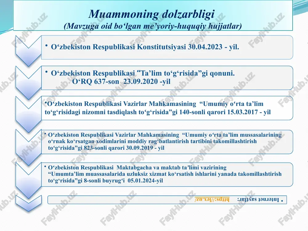 ularga dars o‘tish usullarini o‘rgatish va metodik yordam ko‘rsatishi uchun “ustoz shogird’’ an’analarini yo‘lga qo‘yish. muammolarning yechimlari vi.qiyosiy tahlil etilganligi t/r amaldagi holat(o‘zbekistonda) amaldagi holat (xorijda) taklif 1. pedagoglarni yangi metodikalarga oʻrgatish milliy markazlaridagi ilgʻor ish tajribalarini maktab, tuman (shahar) miqyosida ommalashtirishga tavsiya qilish maoshi:10% ustama ta‘lim tizimidagi ko’pgina maktablarimiz dars jarayonlari bir xil usul va metodlardan foydalanib darslar o’tib kelinmoqda bugungi kunda maktabgacha va maktab ta’limi vazirligi tizimidagi 500 ta umum ta’lim maktabida formativ va summativ baholash tizimi sinov tariqasida joriy etildi. bunda chsb natijalarni chop etish, o‘ibdo‘ va metodbirlashma rahbari bajarishi, o‘quvchilar natijasini tahlil qilish metodbirlashma vazifasi etib belgilangan. buyuk britaniyada. bosh o‘qituvchi (metod birlashma) har kuni turli xil qiyinchiliklar va mas'uliyatlarga duch kelishga tayyor bo‘lishi kerak. ular omma oldida muloqot qila olishlari va ma'muriy topshiriqlarni bajarishga vaqt ajratishlari kerak. ularning asosiy majburiyatlariga quyidagilar kiradi: o‘quvchilar uchun milliy standartlarga javob beradigan o'quv dasturini yaratish o‘quvchilarning ota-onalari bilan yaqindan …