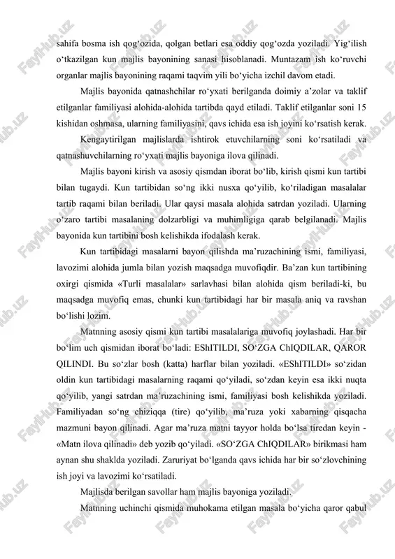i nusxa qo‘yilib, ko‘riladigan masalalar tartib raqami bilan beriladi. ular qaysi masala alohida satrdan yoziladi. ularning o‘zaro tartibi masalaning dolzarbligi va muhimligiga qarab belgilanadi. majlis bayonida kun tartibini bosh kelishikda ifodalash kerak. kun tartibidagi masalarni bayon qilishda ma’ruzachining ismi, familiyasi, lavozimi alohida jumla bilan yozish maqsadga muvofiqdir. ba’zan kun tartibining oxirgi qismida «turli masalalar» sarlavhasi bilan alohida qism beriladi-ki, bu maqsadga muvofiq emas, chunki kun tartibidagi har bir masala aniq va ravshan bo‘lishi lozim. matnning asosiy qismi kun tartibi masalalariga muvofiq joylashadi. har bir bo‘lim uch qismidan iborat bo‘ladi: eshitildi, so‘zga chiqdilar, qaror qilindi. bu so‘zlar bosh (katta) harflar bilan yoziladi. «eshitildi» so‘zidan oldin kun tartibidagi masalarning raqami qo‘yiladi, so‘zdan keyin esa ikki nuqta qo‘yilib, yangi satrdan ma’ruzachining ismi, familiyasi bosh kelishikda yoziladi. familiyadan so‘ng chiziqqa (tire) qo‘yilib, ma’ruza yoki xabarning qisqacha mazmuni bayon qilinadi. agar ma’ruza matni tayyor holda bo‘lsa tiredan keyin - «matn ilova qilinadi» deb yozib qo‘yiladi. …