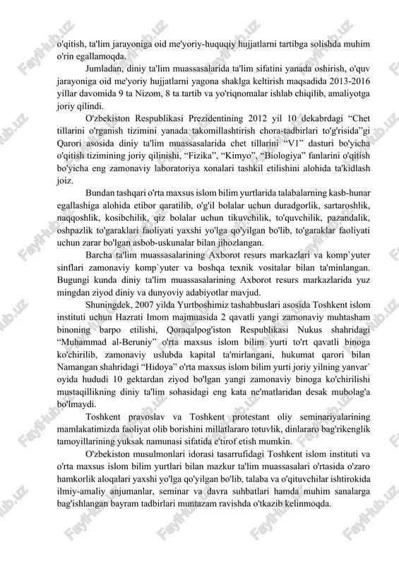 yoshlarga diniy va dunyoviy fanlarni uyg'unlikda, ajdodlarimiz merosining falsafiy, ma'naviy ildizlariga tayangan holda o'rgatish uchun barcha qulayliklarga ega bo'lgan o'rta osiyodagi yagona ta'lim muassasasi hisoblanadi. shuningdek, diniy ta'lim muassasalari o'rtasida 1991 yildan boshlab “qorilar musobaqasi”, 2001 yildan “barkamol avlod” sport musobaqalarining o'tkazilishi, 2002 yildan boshlab o'rta maxsus islom bilim yurtlari talabalari o'rtasida “yagona olimpiada” va “yil o'qituvchisi” tanlovlarining o'tkazilishi talaba va pedagog-o'qituvchilar uchun keng imkoniyatlar ochib, ularni munosib tarzda rag'batlantirish, moddiy va ma'naviy qo'llab-quvvatlashda muhim ahamiyat kasb etmoqda. shuni alohida ta'kidlash joizki, “yagona olimpiada” musobaqasida 1-o'rinni egallagan g'olib talabaga o'zbekiston musulmonlari idorasining granti asosida test sinovlarsiz hamda qabul imtihonlarsiz toshkent islom institutiga o'qishga kirish huquqining berilishi iqtidorli yoshlarni yanada ko'payishida muhim vosita bo'lib xizmat qilmoqda. o'zbekiston respublikasi vazirlar mahkamasining 2004 yil 1 martdagi 99-sonli qarori bilan tasdiqlangan “diniy ta'lim muassasalarining faoliyatini litsenziyalash to'g'risida”gi nizom diniy ta'lim tizimini tartibga solishga qaratilgan asosiy normativ hujjat bo'lib, diniy o'quv yurtlari faoliyatini to'g'ri yo'lga …