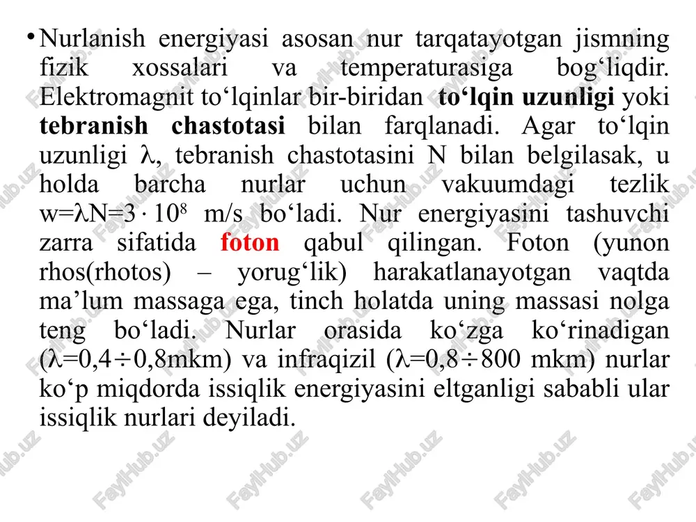ism o‘ziga tushgan barcha nuriy energiyani qaytaradi. agar qaytarish geometrik optika qonunlariga bo‘ysunsa, u holda jismning sirti ko‘zgu sirt deyiladi. agar jismdan nur diffuzion qaytsa, (lot.diffusio–tarqalish, oqish), bunday jismga absolyut oq jism deyiladi. agar d=1 bo‘lsa, (ya’ni a=r=0), u holda jism o‘ziga tushayotgan nurlarning hammasini o‘tkazib yuboradi va absolyut tiniq (shaffof), ya’ni diatermik jism deyiladi. tabiatda absolyut qora, oq va tiniq jismlar bo‘lmaydi. neft qurumi, qor va muz o‘zining xossalari jihatidan absolyut qora jismga yaqin turadi. ularning yutilish koeffitsienti a=0,90,96. metallarning silliqlangan sirti uchun r=0,97 ga teng. bir va ikki atomli gazlarning hammasini diatermik (d1) jismlar deb hisoblash mumkin. uch atomli va ko‘p atomli gazlar, ularning aksincha issiqlik energiyasini yutadi va chiqaradi. havo ham deyarli shaffof muhit hisoblanadi, lekin uning tarkibida suv bug‘lari bo‘lsa, uning shaffofligi keskin kamayadi. real jismlar oz yoki ko‘p darajada qora, ko‘zgusimon va tiniq bo‘ladi. spektral yutish xususiyati tushayotgan nurlanishning to‘lqin uzunligiga bog‘liq bo‘lmagan jismlar kul …