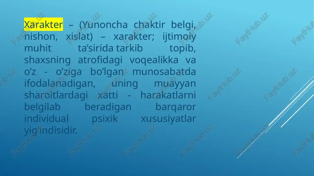 sida atrofdagilar bilan o‘zaro aloqalar yomonlashadi. 11 leongardning fikriga ko‘ra, shaxs aksentuatsiyasi, avvalambor, boshqa odamlar bilan muloqotda namoyon bo‘ladi. shuning uchun, muloqot uslublarini baholashda aksentuatsiyaning ma’lum tiplarini ajratish mumkin. k. leongard quyidagi tiplarni keltiradi: 1. gipertim tip o‘ta muloqotchanligi, sergapligi, imo-ishoralar, mimika va pantomimikaning kuchli ifodalanganligi bilan xarakterlanadi. bunday odamda suhbatning boshlang‘ich mavzusidan chetlashishi kuzatiladi. xizmat va oiladagi vazifalariga etarlicha jiddiy e’tibor bermasligi vajidan atrofdagilar bilan tasodifiy nizolar sodir bo‘lib turadi. 12 2. distim tip – bu tip past muloqotchanlik, kamgaplik, ustun tushkunlik kayfiyati bilan xarakterlanadi. bunday odamlar, odatda, uydan chiqmaydilar, shovqindan qiynaladilar, nizolarga qo‘shilmaydilar, odamovilik turmush tarzini kechiradilar. ular do‘stlarini qadrlaydilar va ularga bo‘ysunishga tayyor bo‘ladilar. ushbu tip odamlarining ijobiy sifatlaridan: jiddiylik, vijdoniylik, haqgo‘ylik kabilarni keltirish mumkin. lekin ularda yoqimsiz sifatlar ham mavjud, bulardan: sustlik, tafakkurning sekinlashganligi, harakatlarining qovushmaganligi, individuallikdir. 13 3. sikloid tip – ularga kayfiyatning davriy ravishda tez-tez o‘zgarib turishi xosdir, buning natijasida atrofdagi odamlar bilan muloqot …