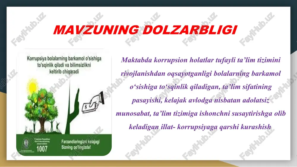 kurashishda qat’iy mukofot va jazo tizimi mavjud. halollikni ta`minlaganlar rag‘batlantiriladi, korrupsiyaga qo‘l urganlar esa qat’iy jazolanadi. maktablarda ta’lim sifati va shaffoflikni oshirish uchun maxsus dasturlar amalga oshiriladi. oʻquvchilar va ota-onalar maktab faoliyati haqida muntazam ma’lumot oladi qiyosiy tahlil etilganligi amaldagi holat (o‘zbekistonda) amaldagi holat (xorijda) taklif korrupsiya o‘zbekiston ta’lim tizimidagi jiddiy muammolardan hisoblanadi. ta’lim sohasida raqamlashtirish tizimiga o‘tish orqali korrupsion omillar oldi olinmoqda. o‘zbekistonda har bir fuqaroning korrupsiya faktlari haqida xabar berishi uchun barcha sharoitlar yaratilgan norvegiya halollikni ta’minlaganlar rag‘batlantiriladi, korrupsiyaga qoʻl urganlar esa jazolanadi. maktablarda ta’lim sifati va shaffoflikni oshirish uchun maxsus dasturlar amalga oshiriladi. aqsh ta’lim departamenti ta’lim tizimida shaffoflikni javobgarlikni oshirishga qaratilgan bir qator dasturlarga ega. xitoy 2017-yilda ta’lim tizimidagi korrupsiyaga barham berish maqsadida “toza maktab” aksiyasi boshlangan. bu chora-tadbirlarning barchasi korrupsiyadan xoli ta’lim tizimini yaratishga qaratilgan korrupsiyaga qarshi kurash jarayoniga ota-onalar va jamoatchilikni jalb qilish maktab xarajatlarini kuzatish va qoidalarga rioya qilishni ta’minlash nazorat guruhini tuzish …